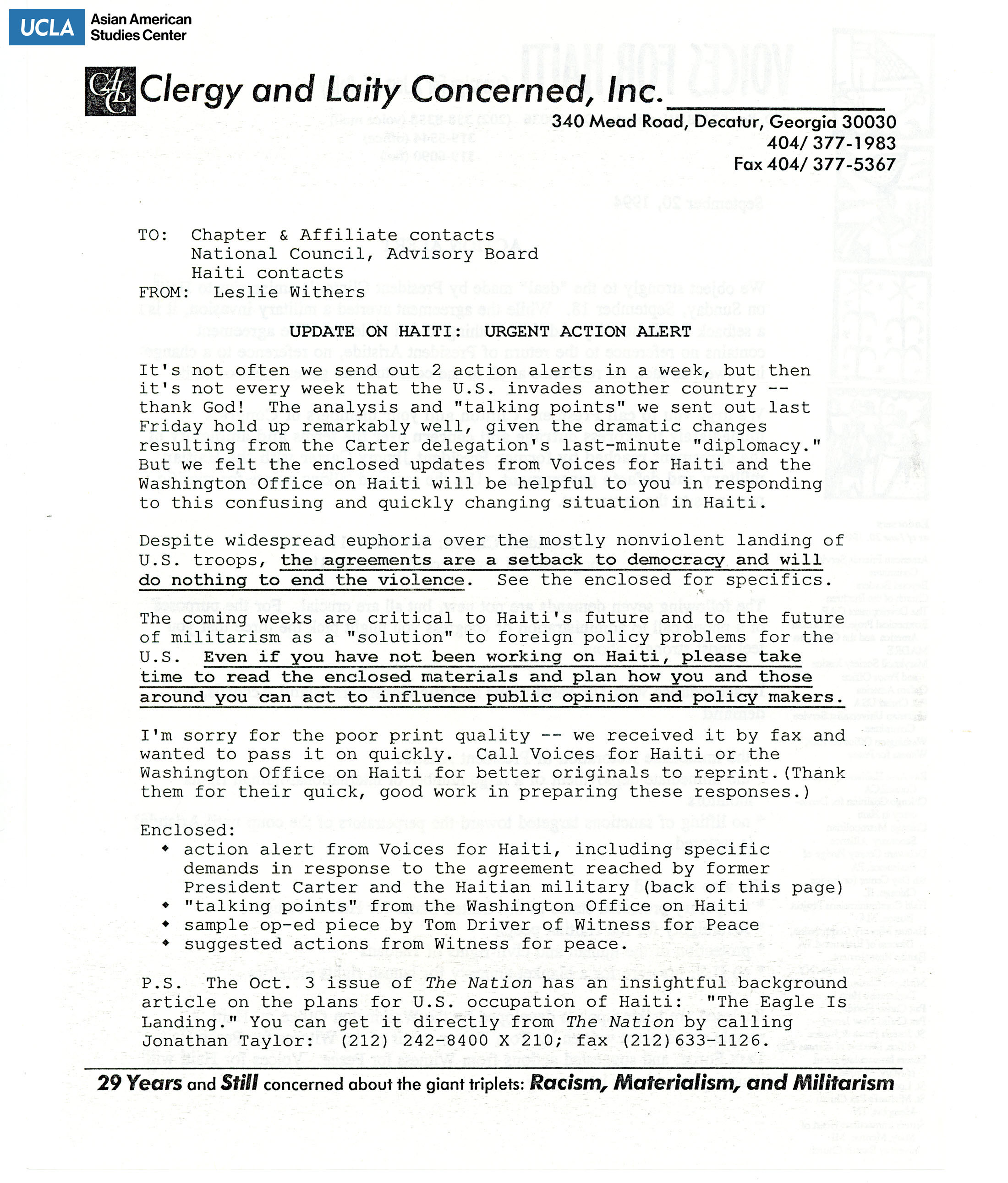 Letter regarding an update regarding the signing of the September 19 Agreement.