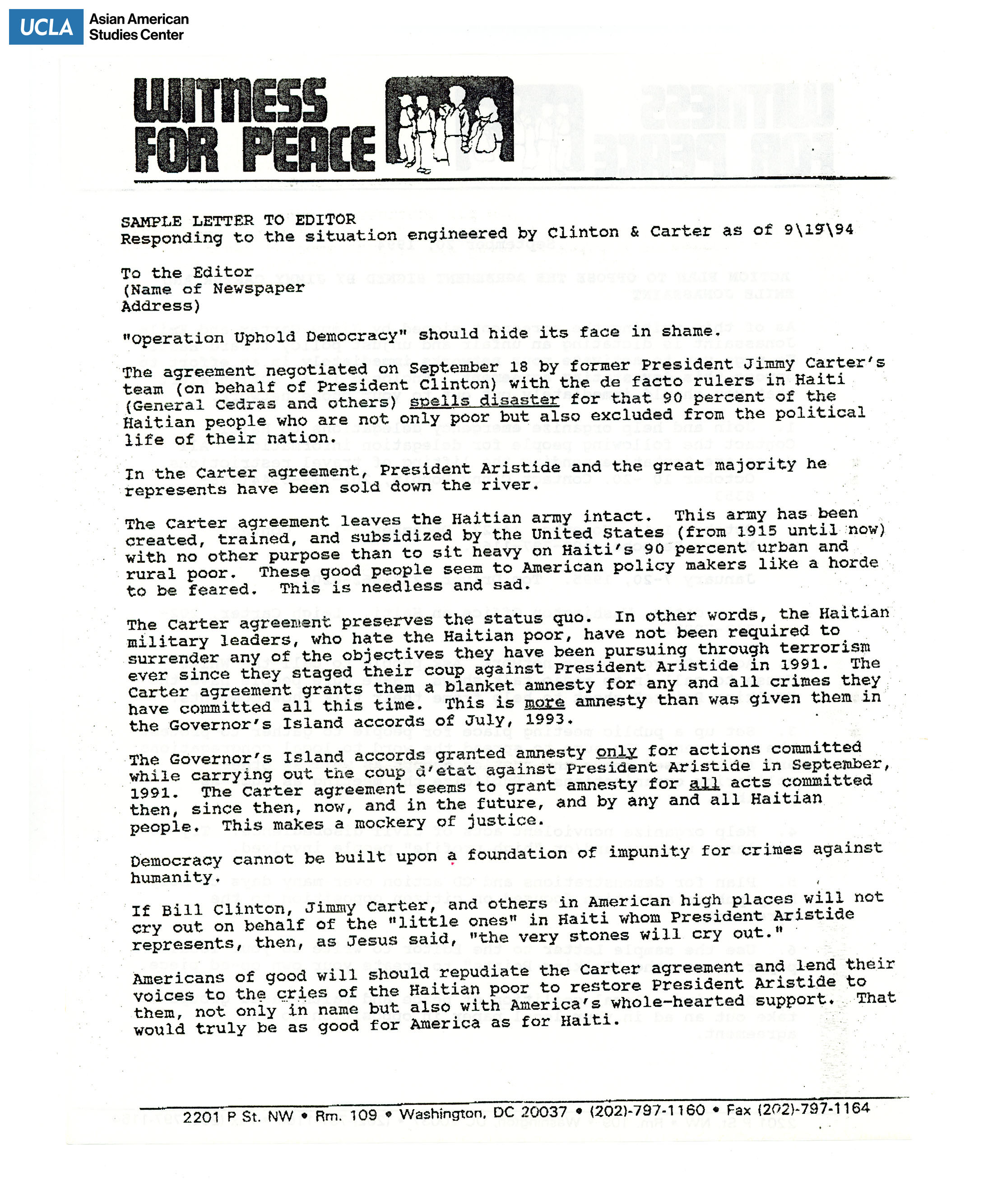 Template letter regarding objection to the agreement signed on September 18 by Jimmy Carter.