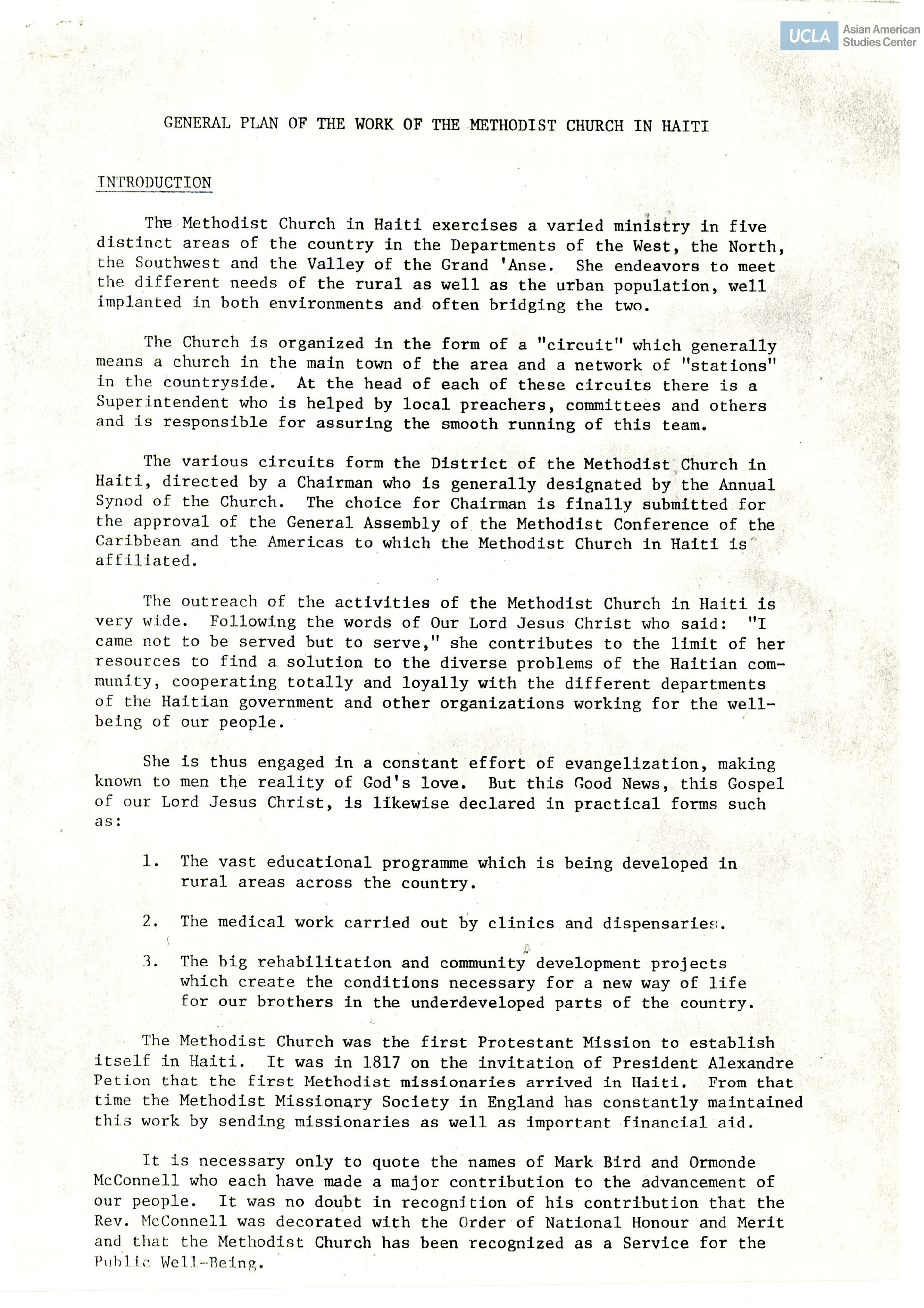 General plan regarding support and development for Haitian Chistians.
