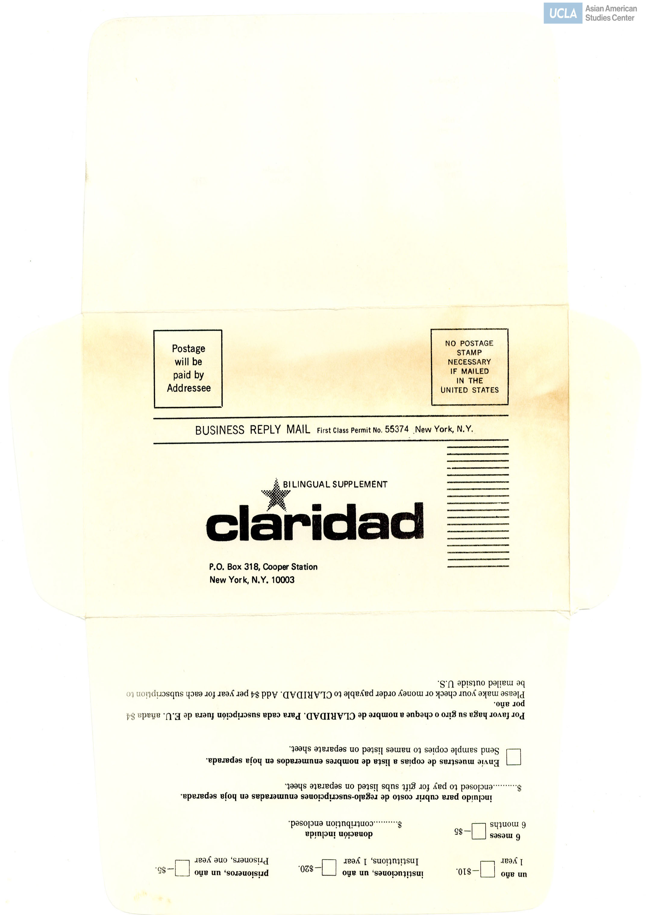 Return envelope from Claridad. Includes donation slip.
