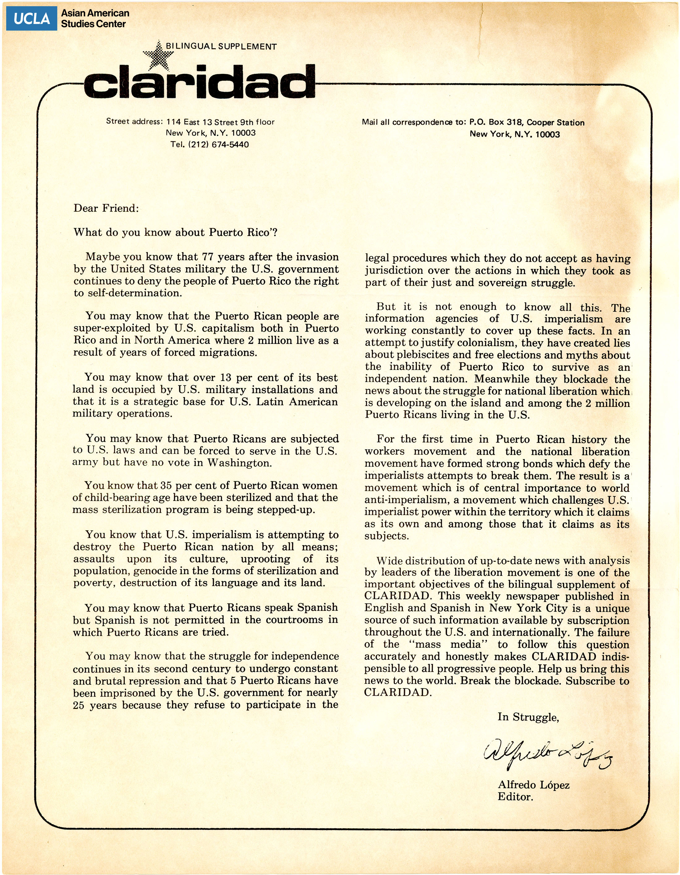 Letter regarding the workers movement and national liberation movement in Puerto Rico.