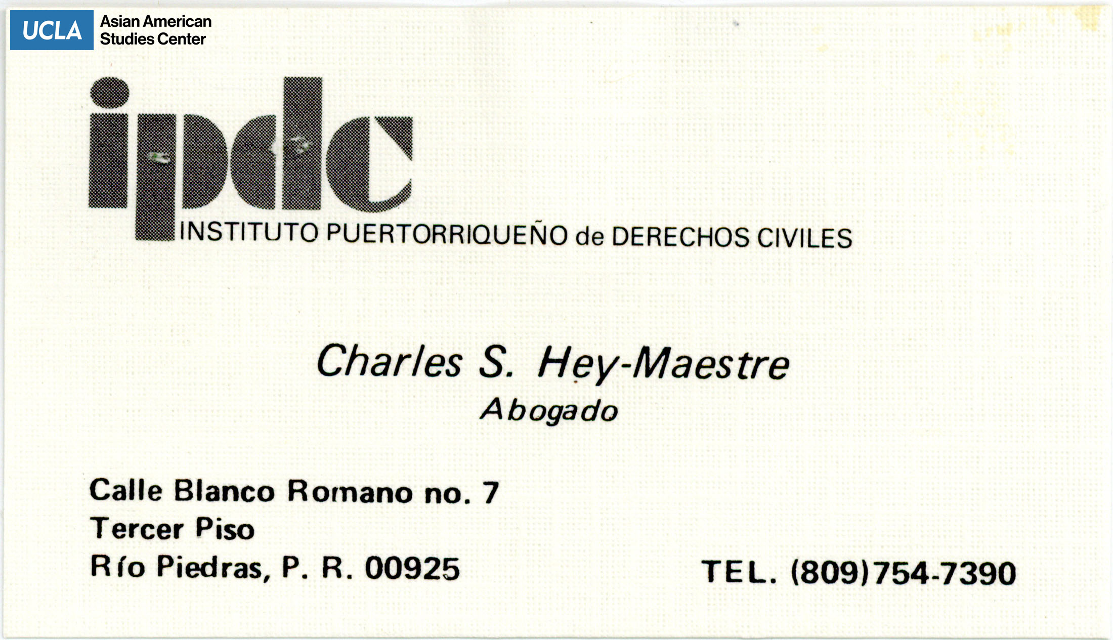 Business card of attorney, Charles S. Hey-Maestre.