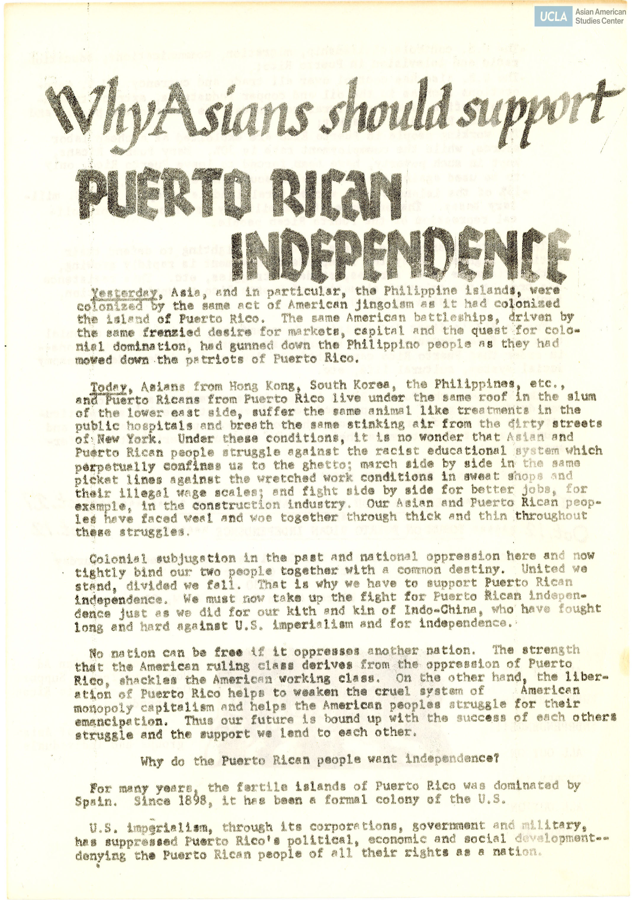 Flyer regarding Asian support for Puerto Rico independence.