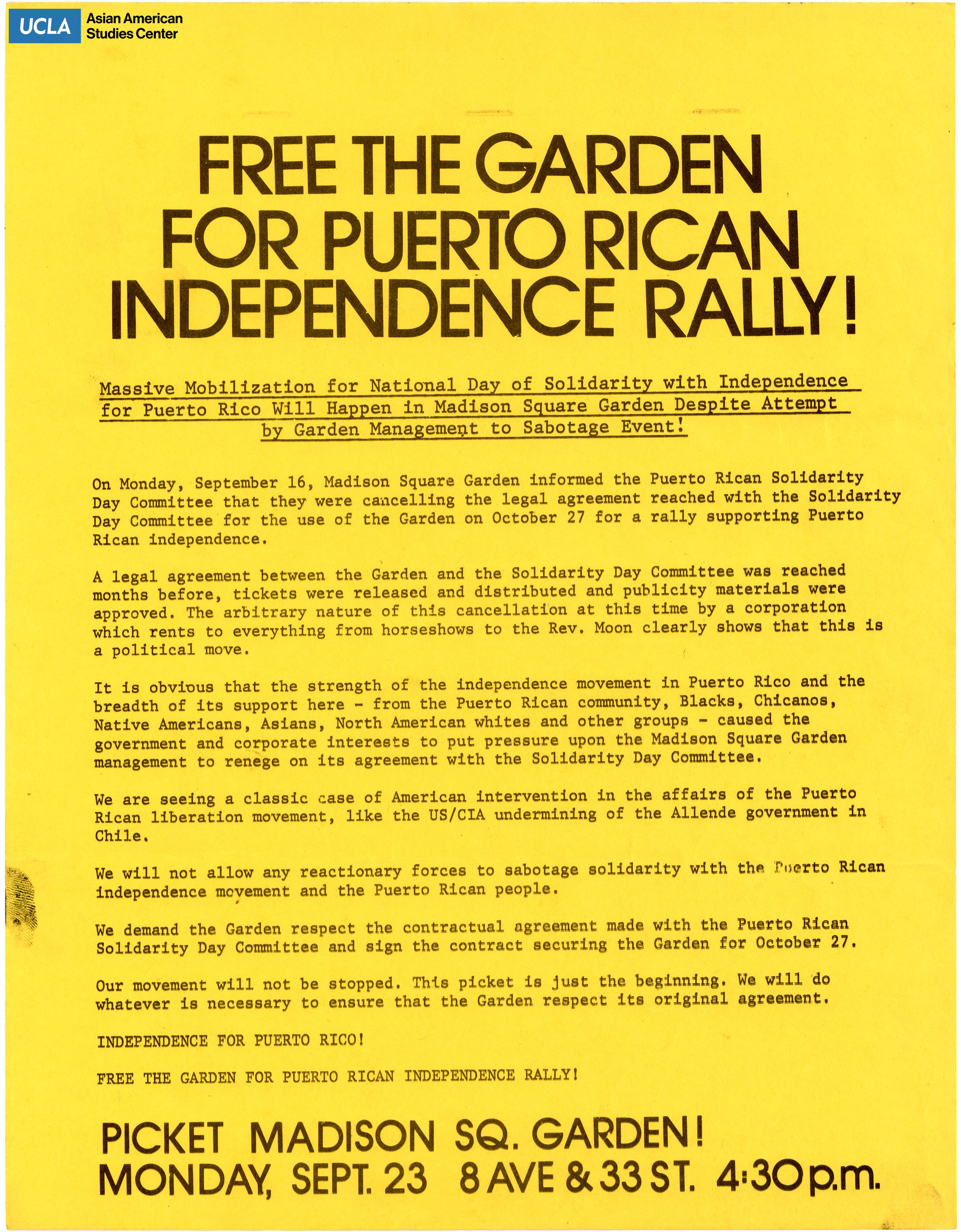 Flyer regarding rally for Puerto Rico independence at Madison Square Garden.