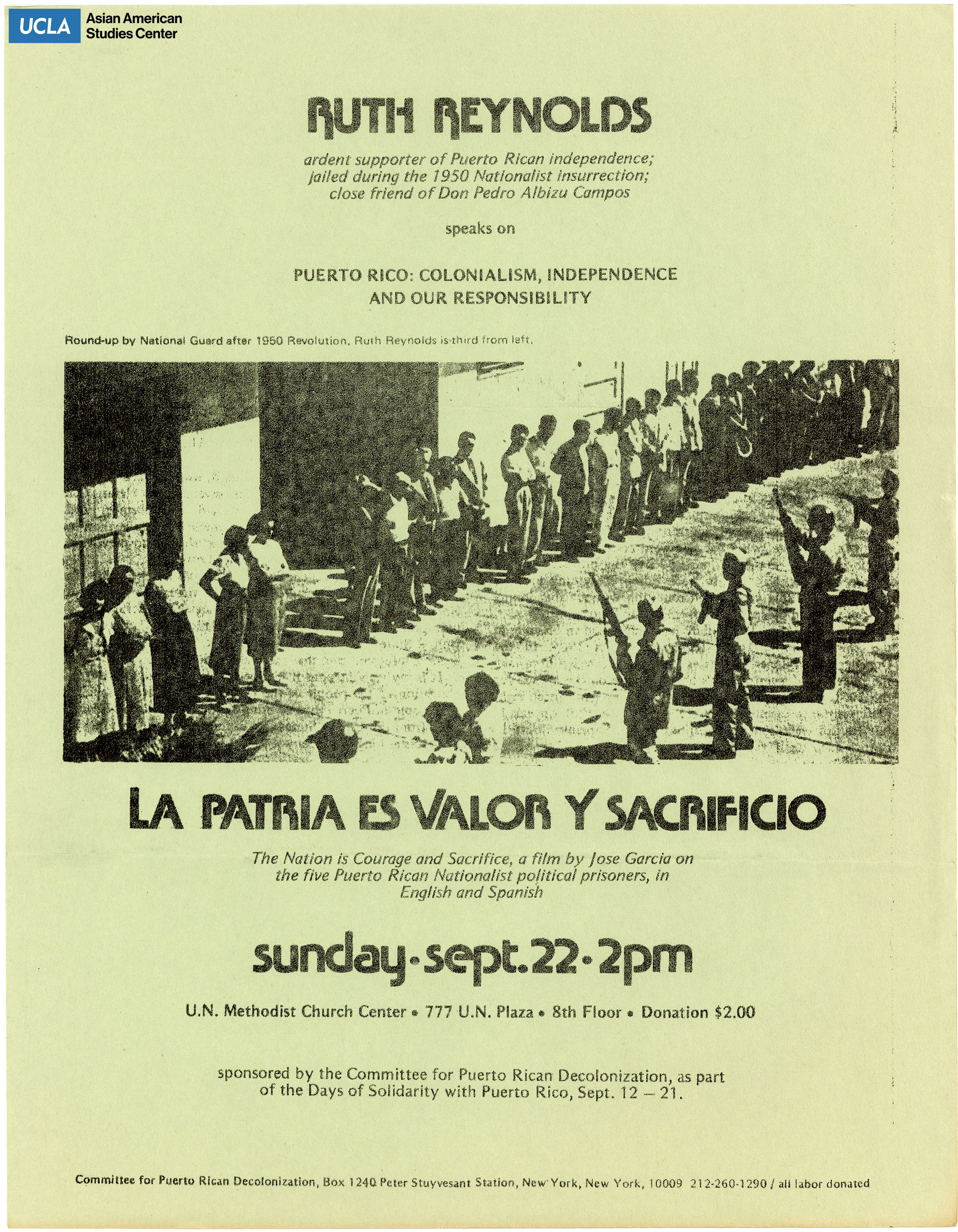 Flyer regarding on event with Ruth Reynolds for the independence of Puerto Rico.