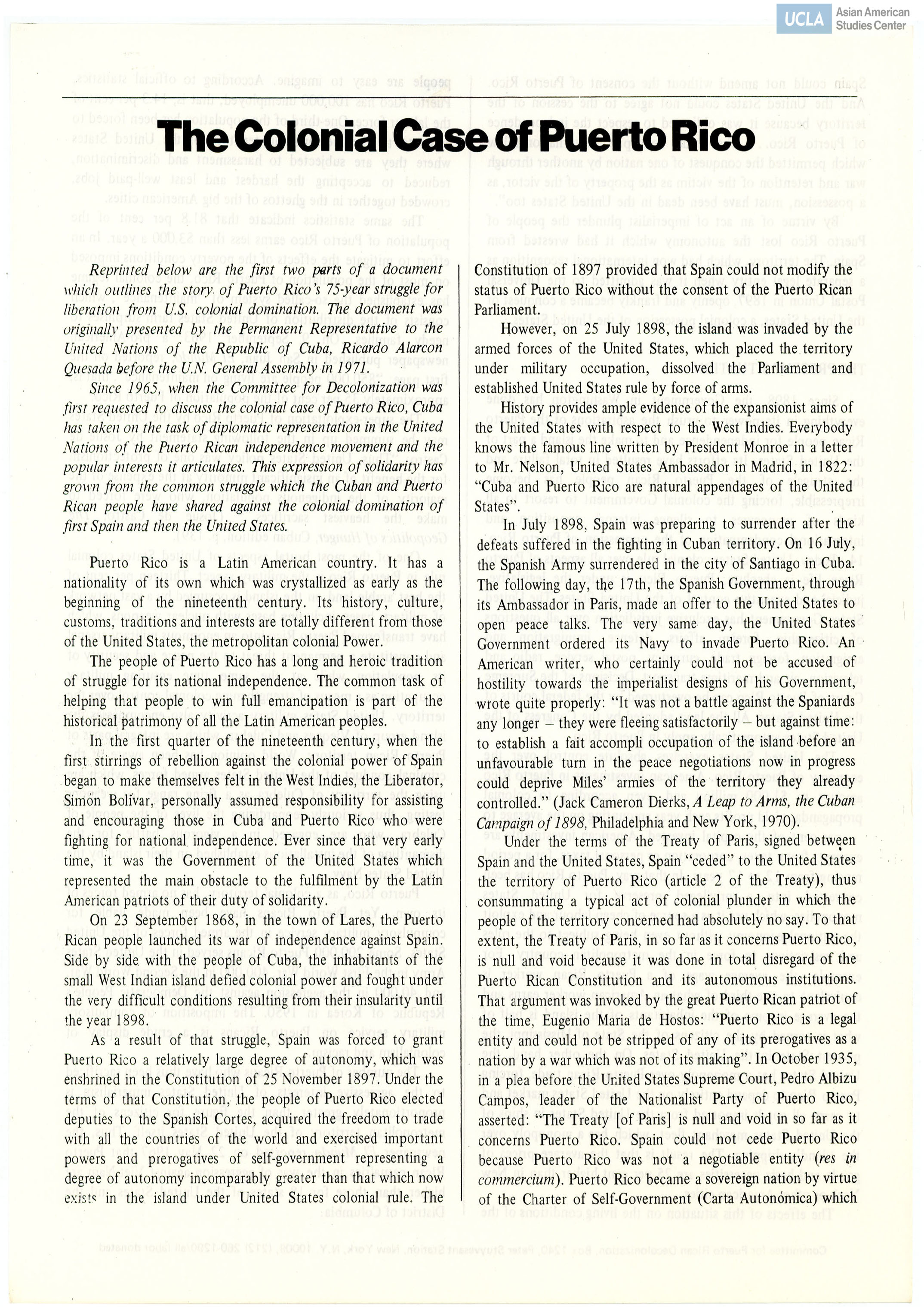 Document regarding history of Puerto Rico's stuggle for independence.