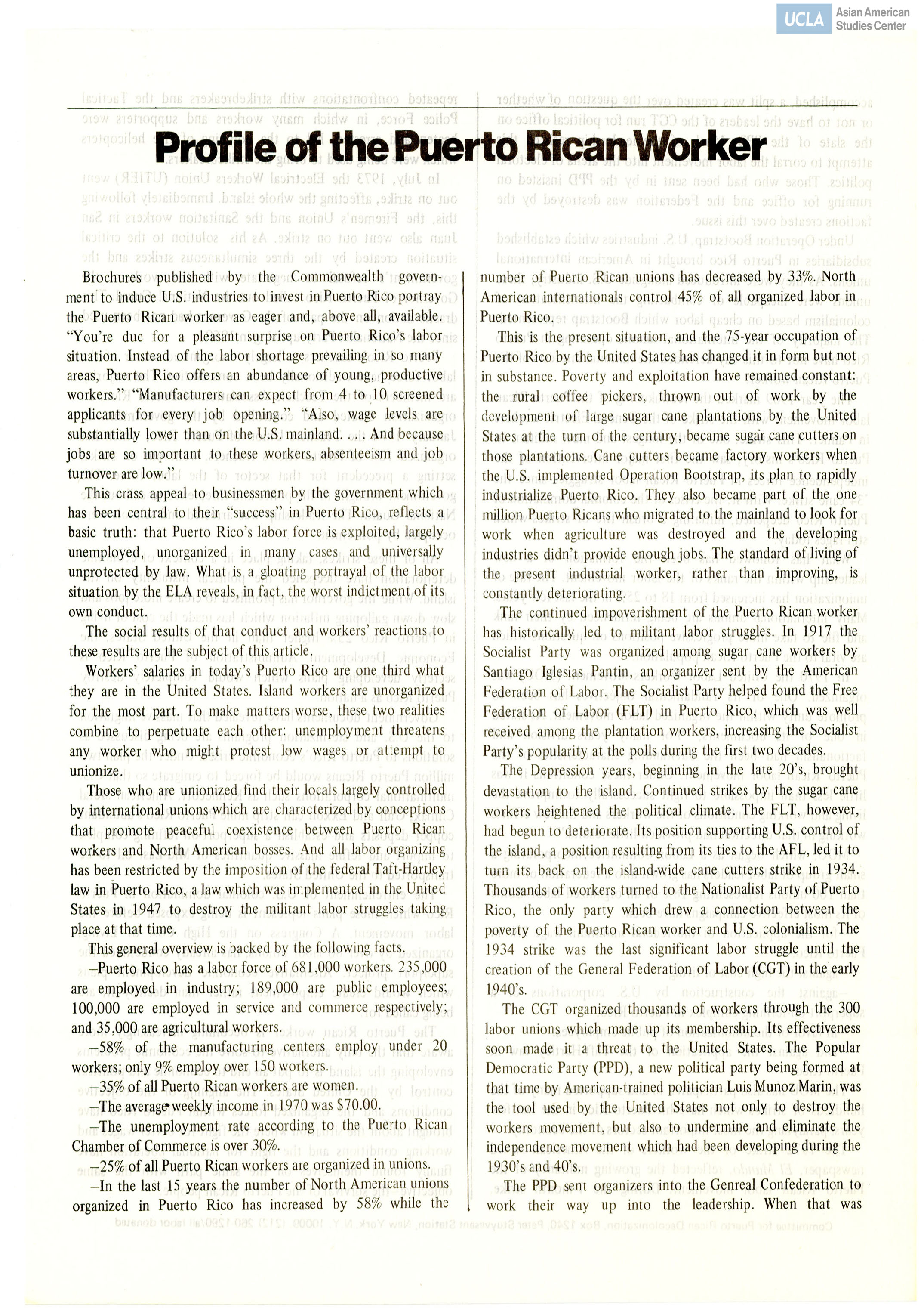 Document regarding the Puerto Rican worker and labor force.