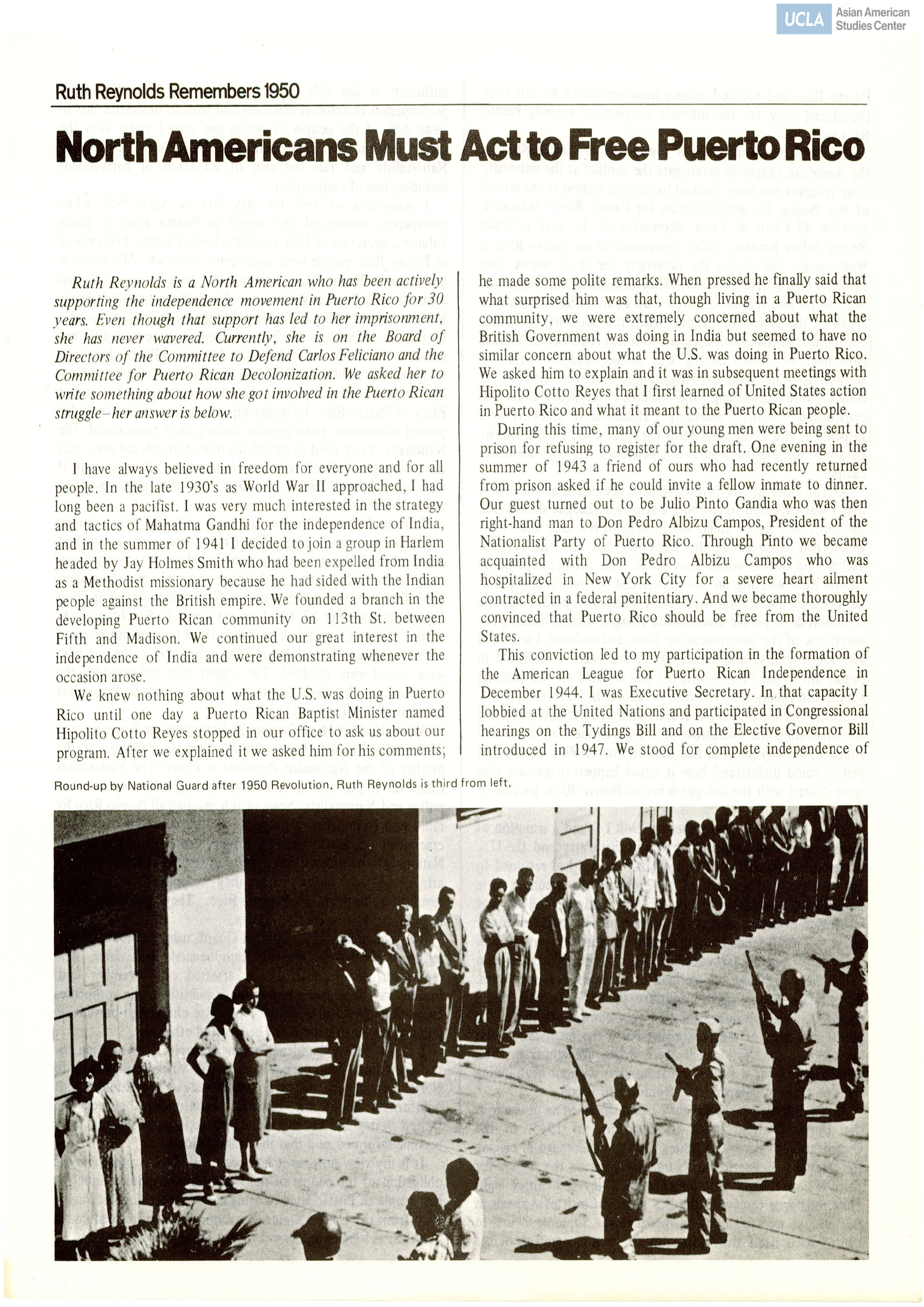 Document regarding Ruth Reynolds remembering the independence movement in Puerto Rico.