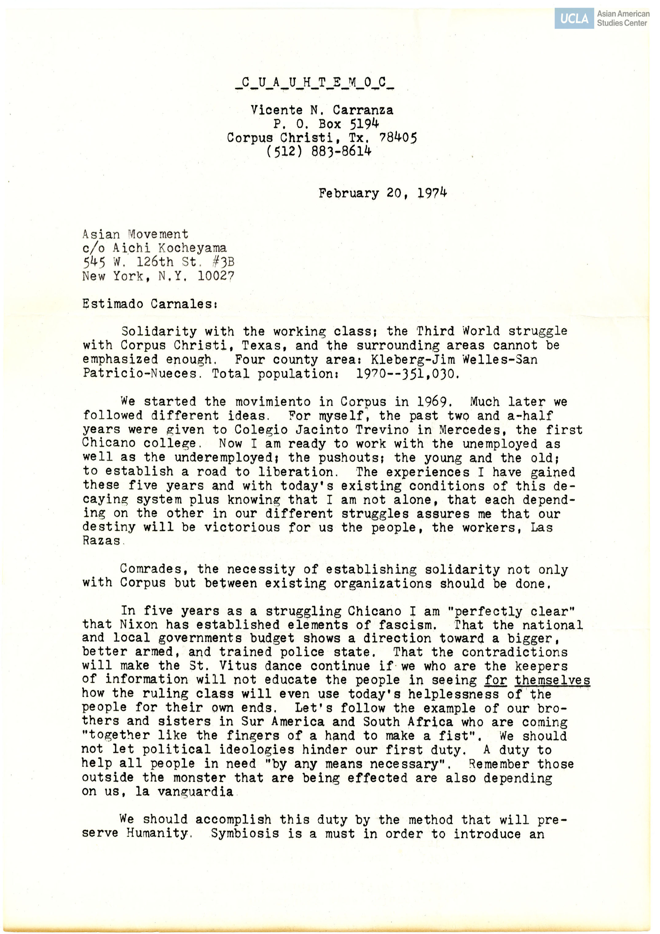 Letter regarding solidarity with working class in Corpus Christi, Texas.