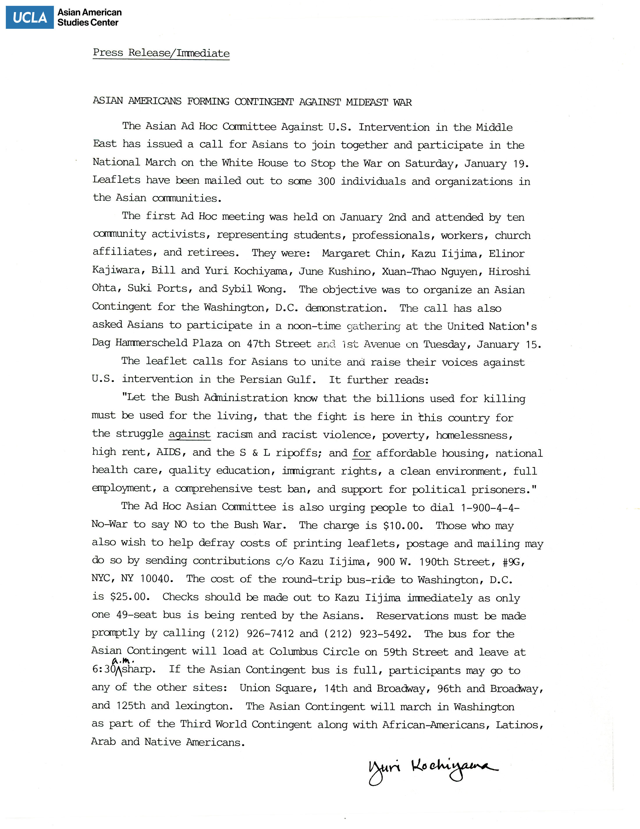 Press release by Yuri Kochiyama regarding Asian American support for the opposition of war in the Middle East.