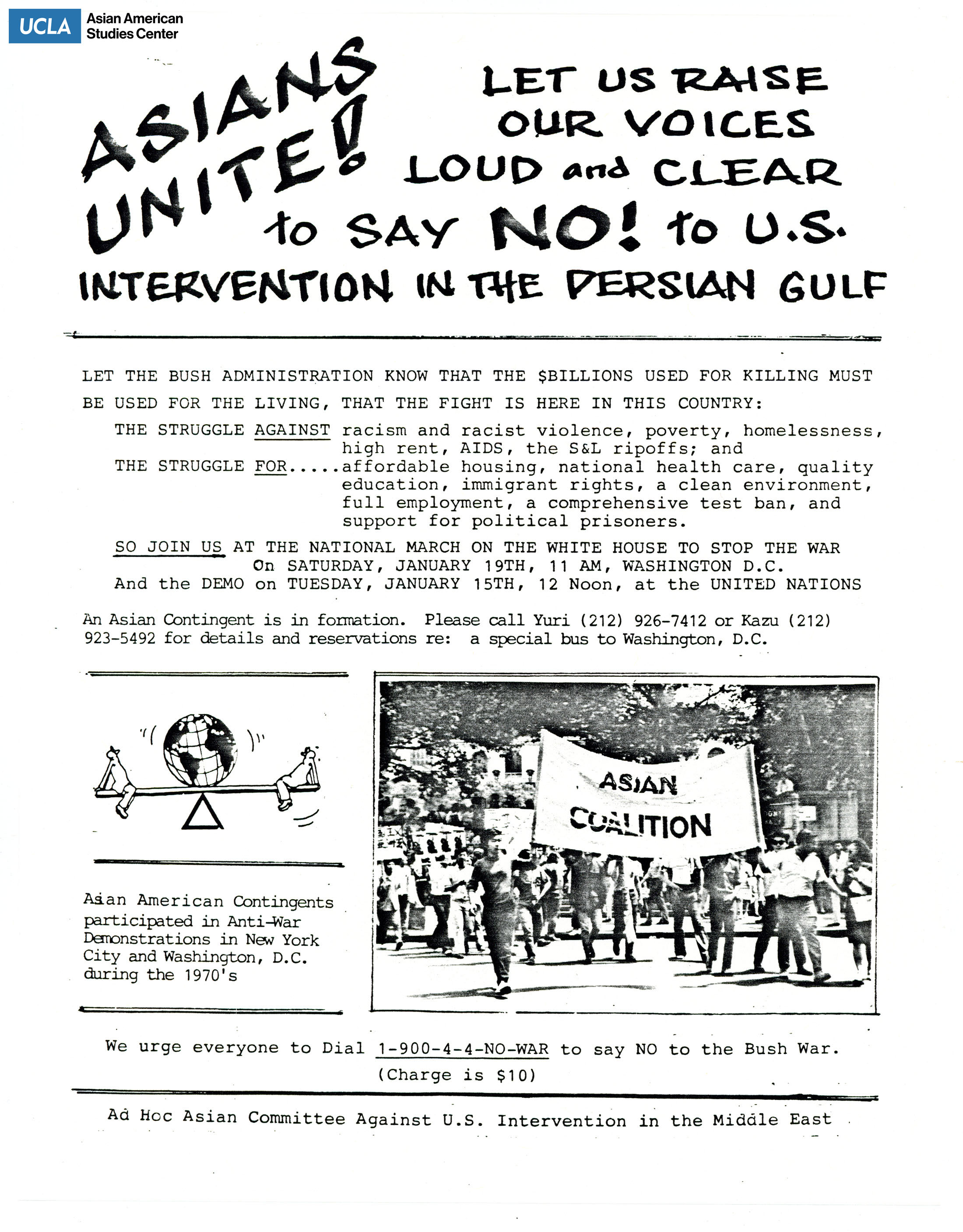 Flyer regarding a march against war in the Persian Gulf.