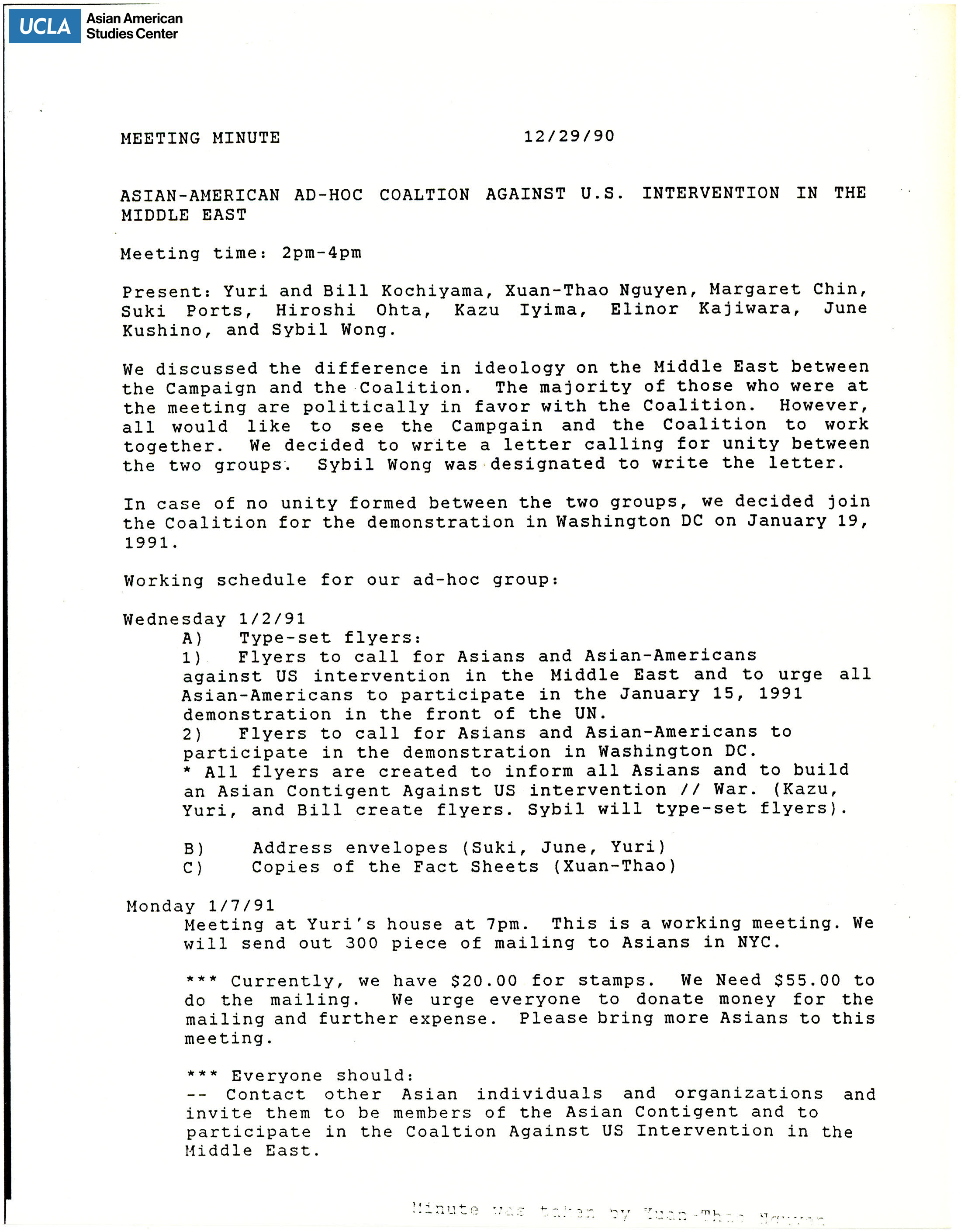 Agenda meeting notes regarding the Asian American Ad-Hoc Committee discussion on opposition of war in the Middle East.