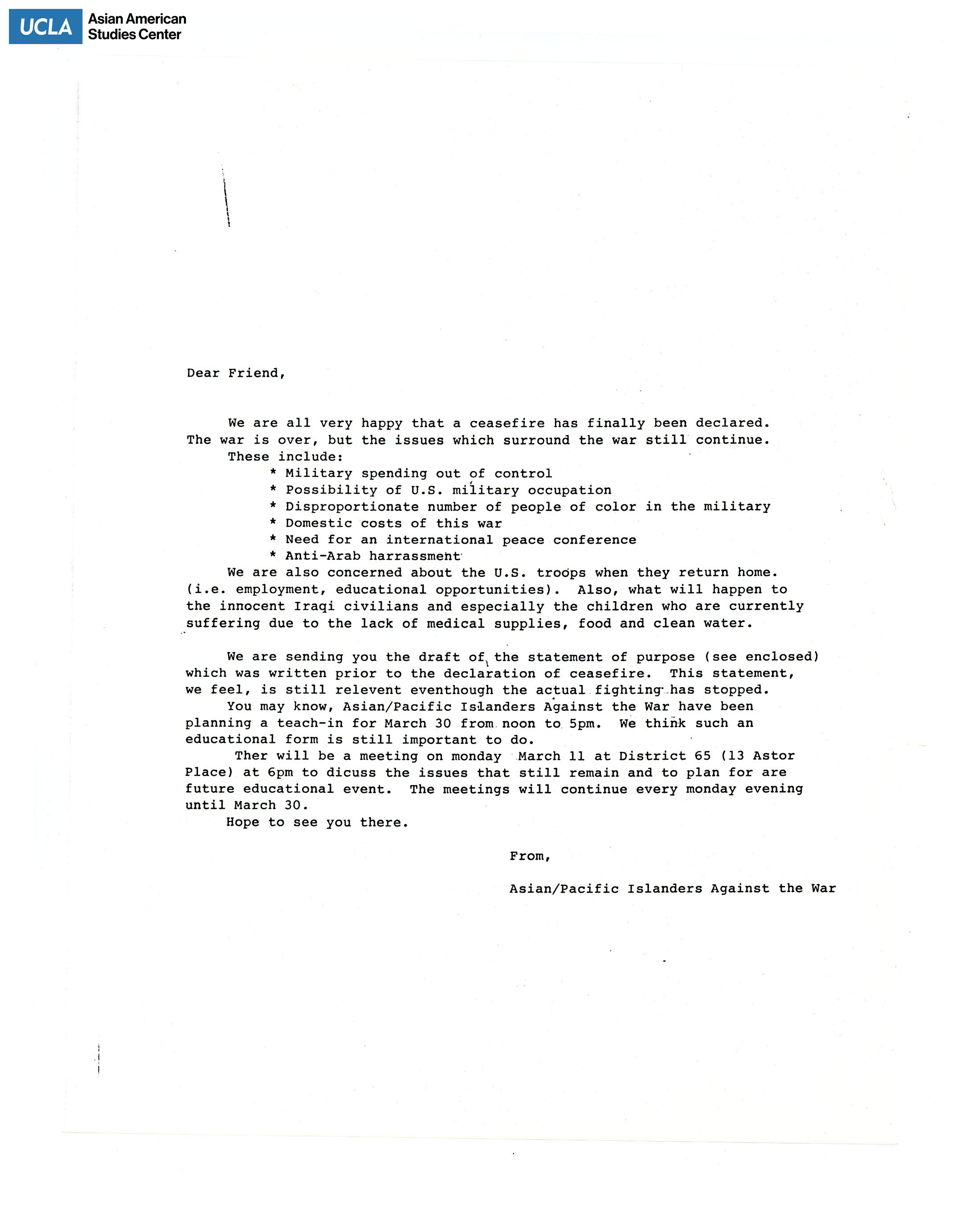 Letter regarding the ceasefire on the Gulf War and the negative effects of the war.