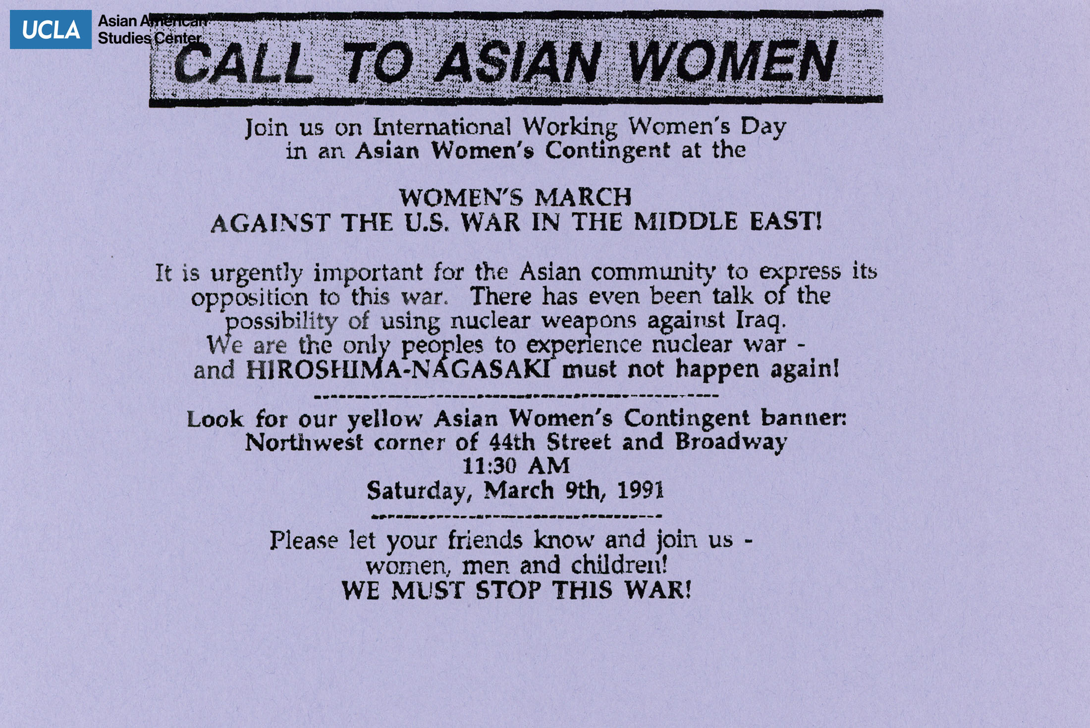 Flyer regarding Asian Women support for the opposition of the Gulf War.