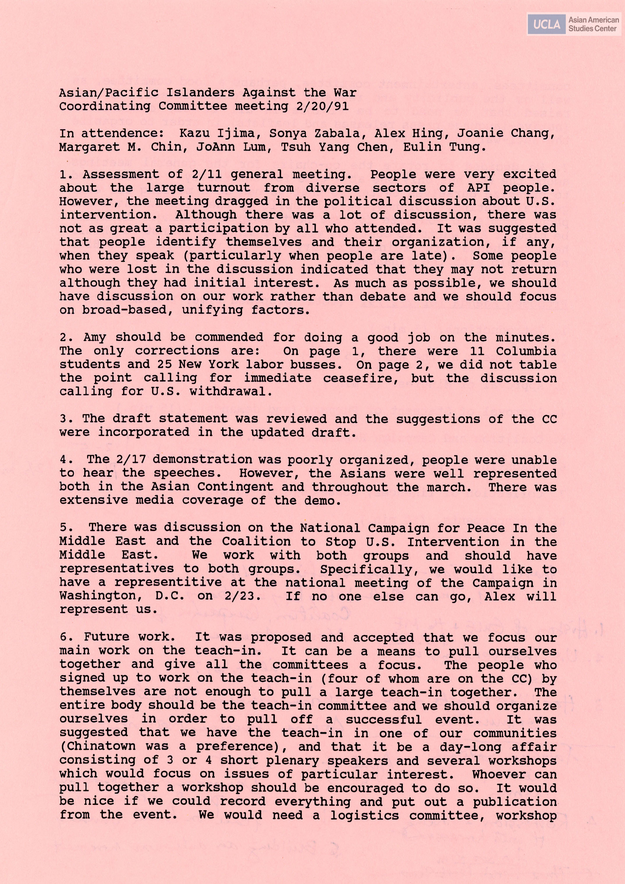 Agenda meeting regarding Asian/Pacific Islanders Against the War on the opposition of the Gulf War.