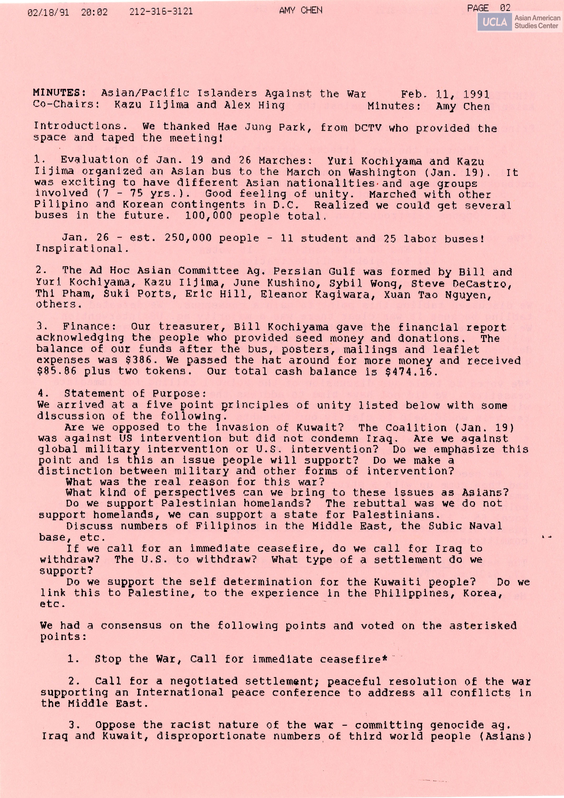 Meeting minutes regarding Asian/Pacific Islanders Against the War on the opposition of the Gulf War.