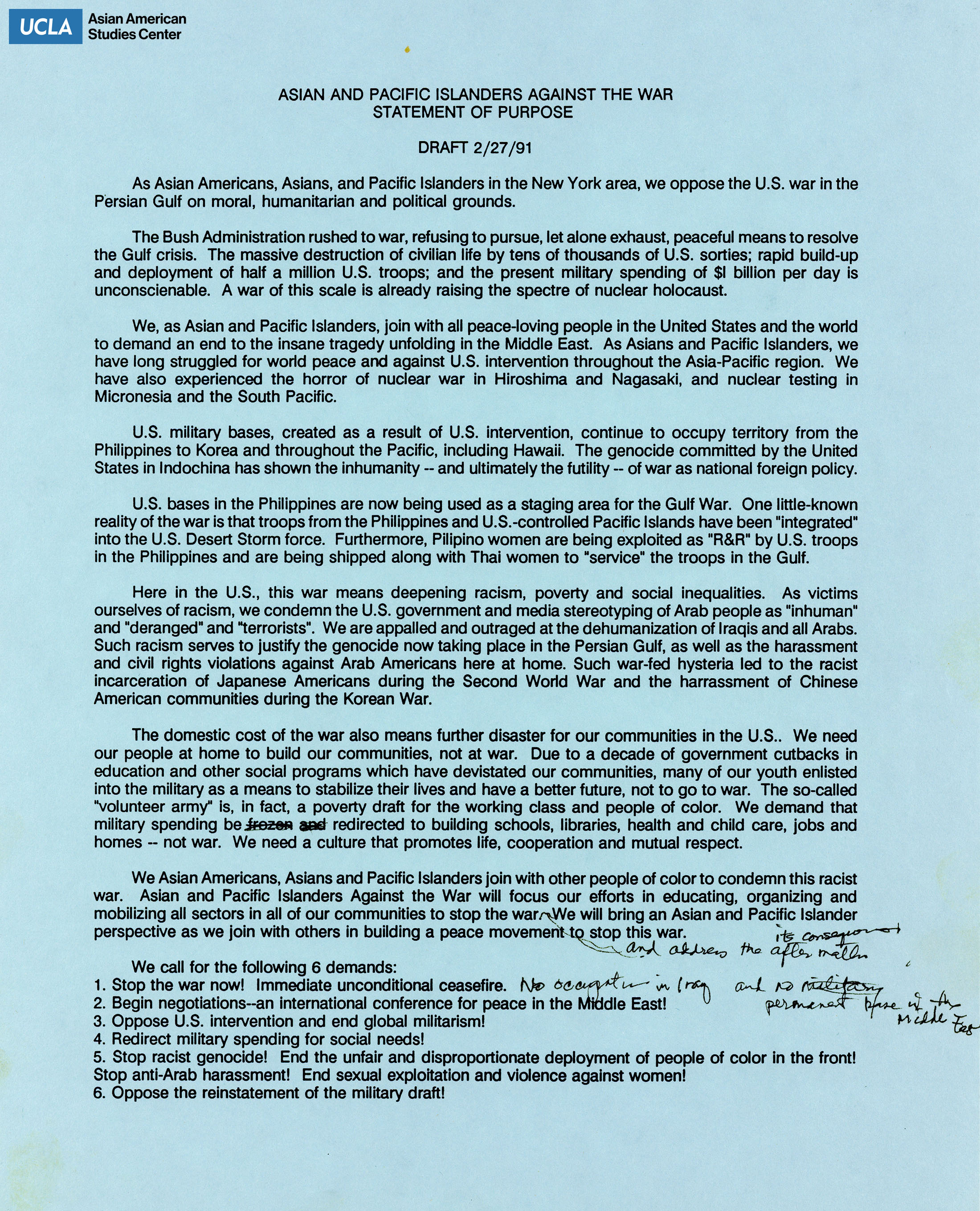 Drafted statement from the Asian/Pacific Islanders Against the War on the opposition of the Gulf War.