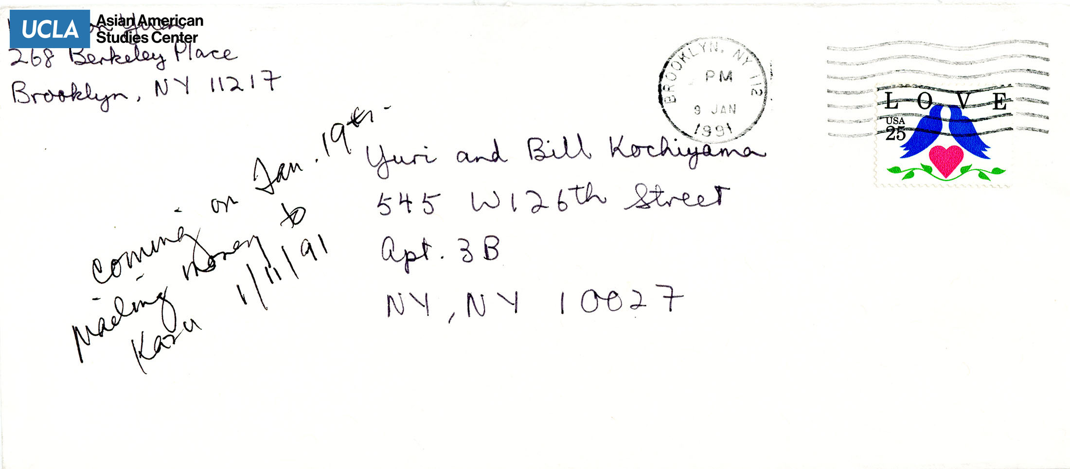 Envelope addressed to Yuri and Bill Kochiyama. Postmarked January 9, 1991.