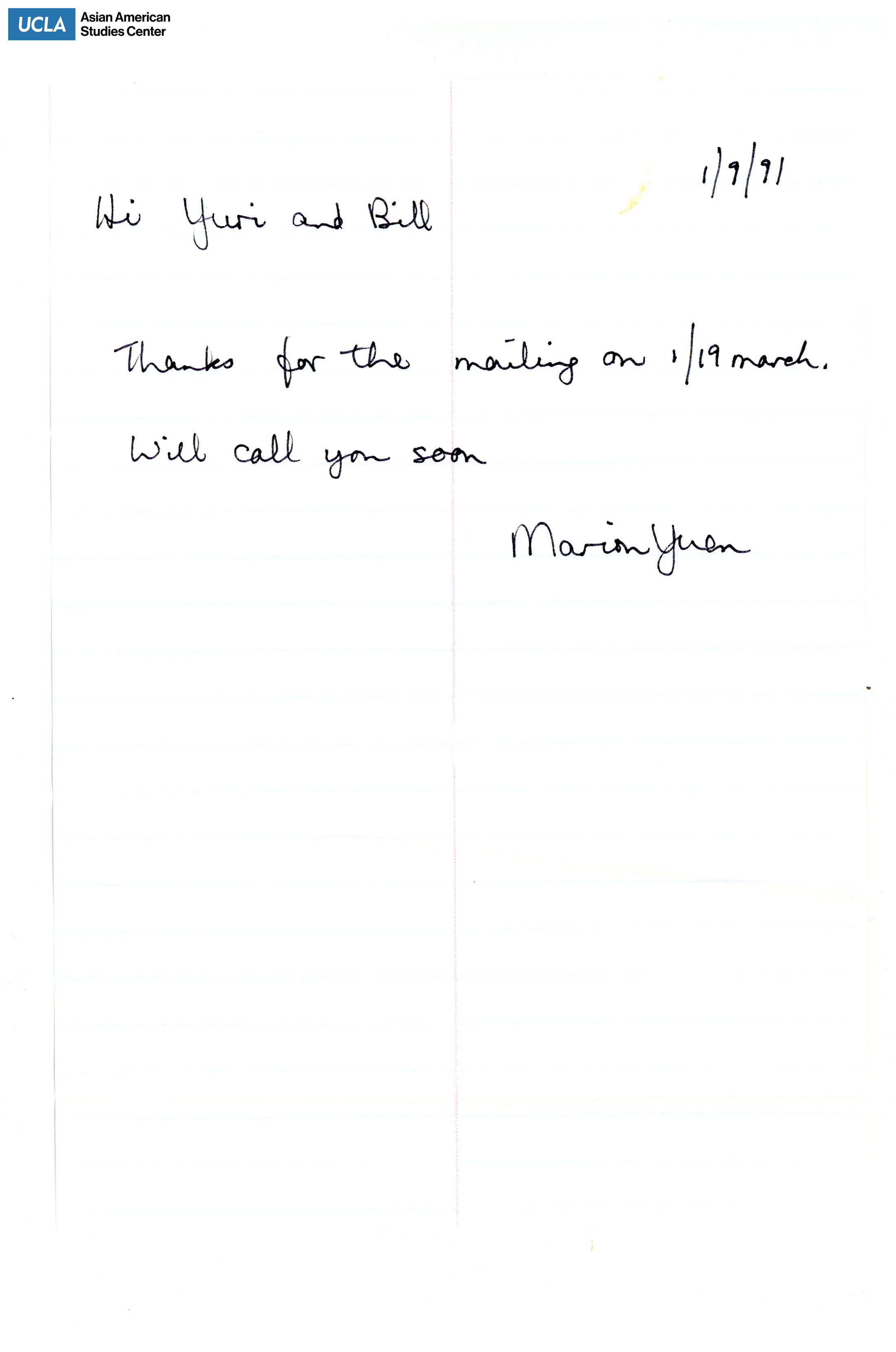Letter of thanks from Marion Yuen for mailings on the march.
