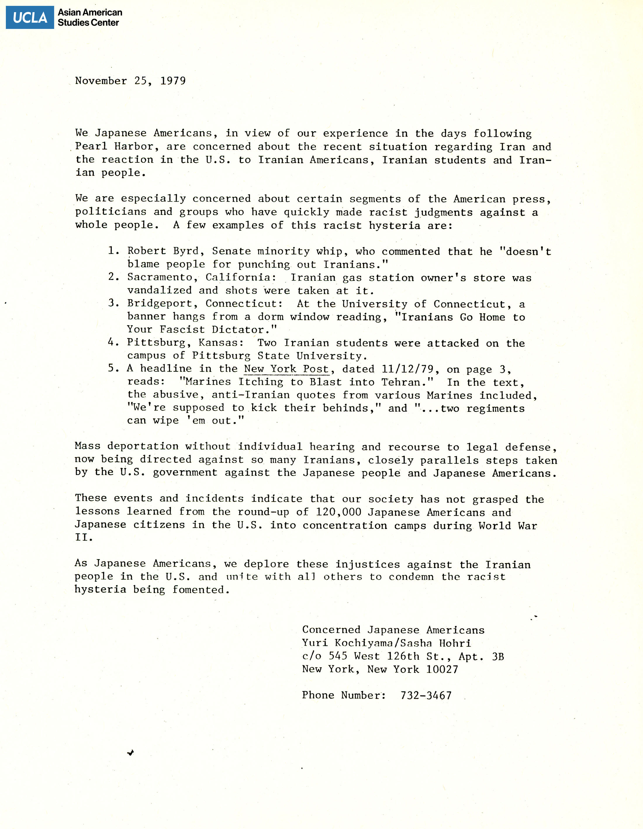 Letter regarding the perception of Iranian Americans in comparison to Japanese Americans.