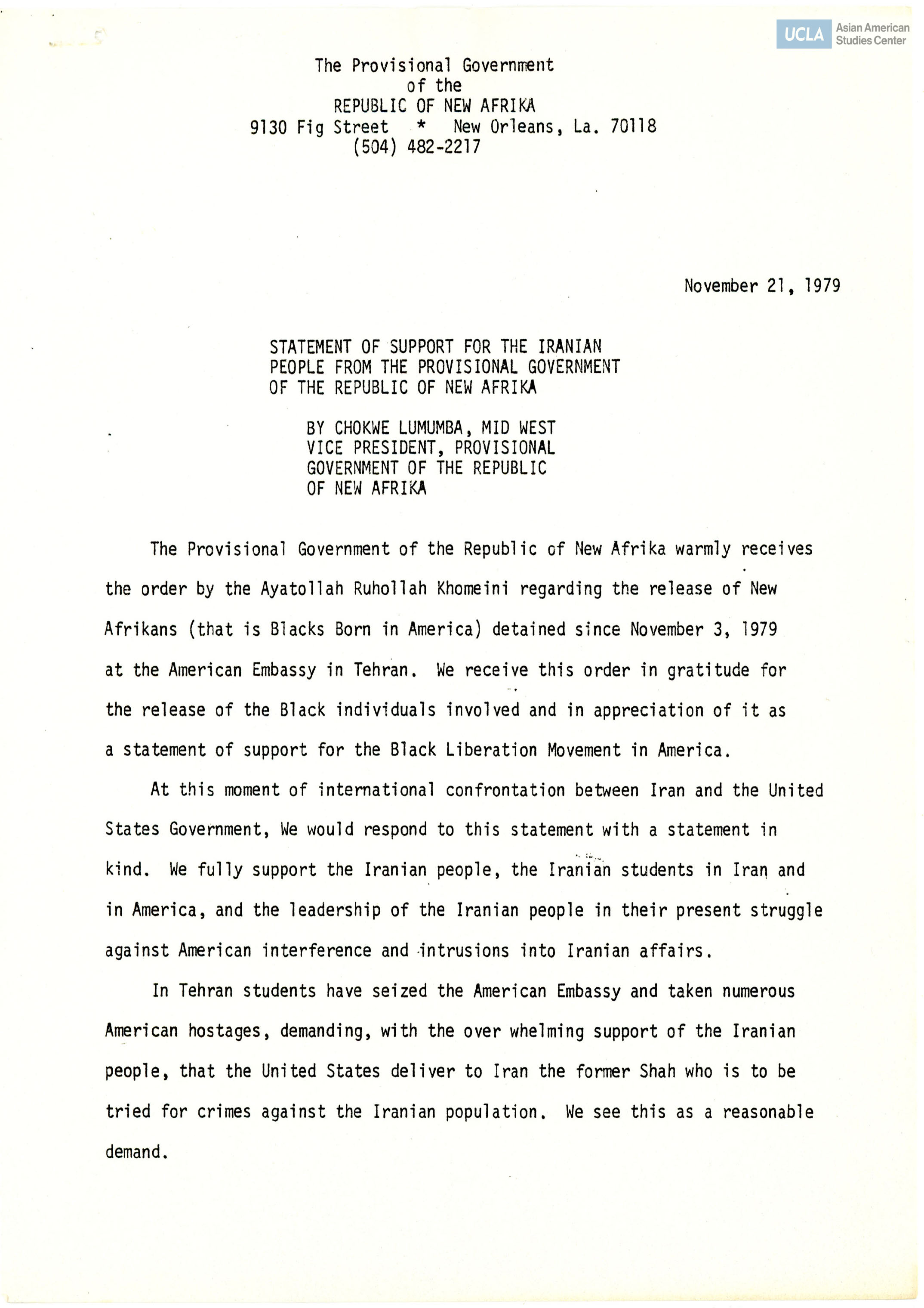 Statement regarding support for Iranian people.