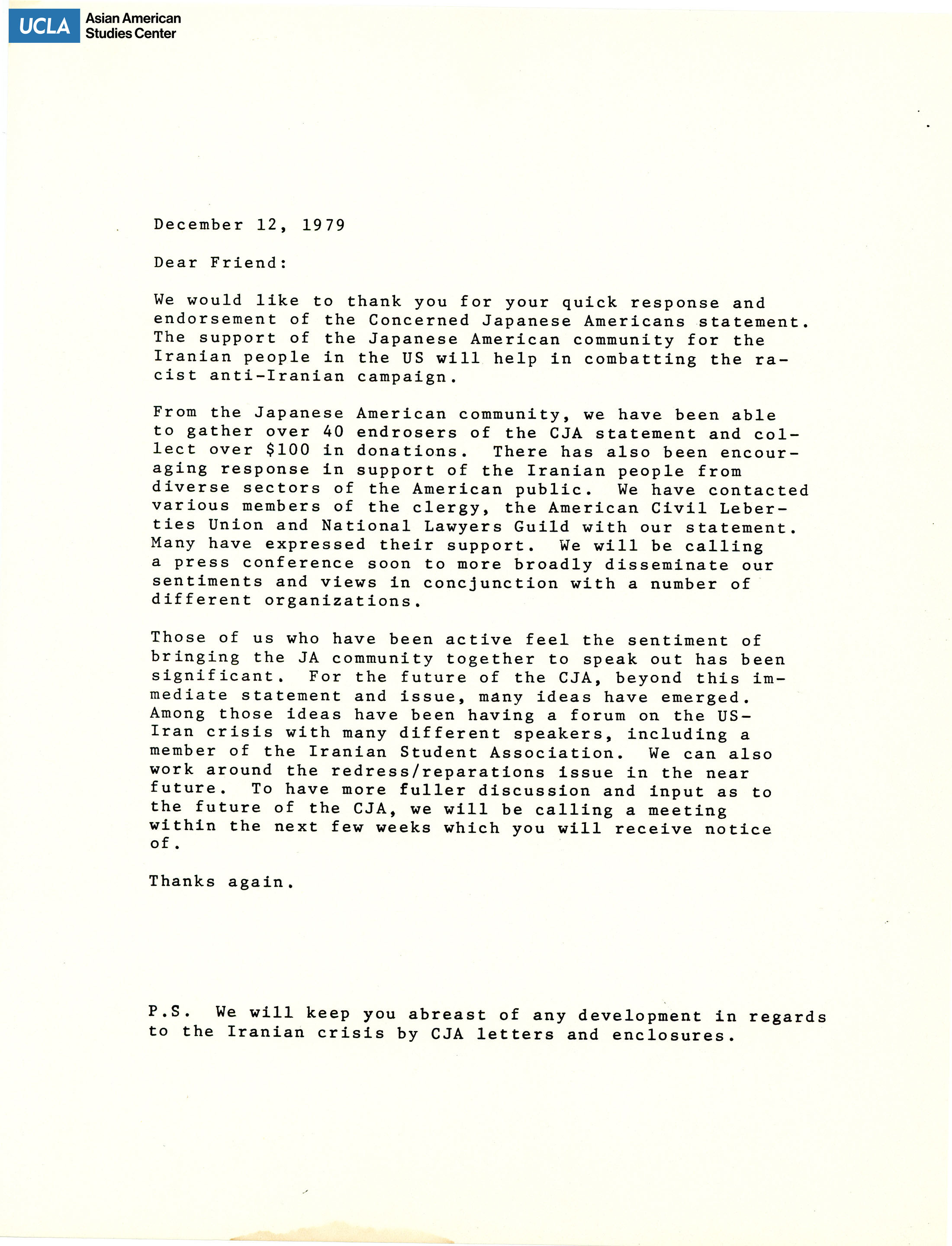 Letter of thanks for support of Iranian people in the United States.