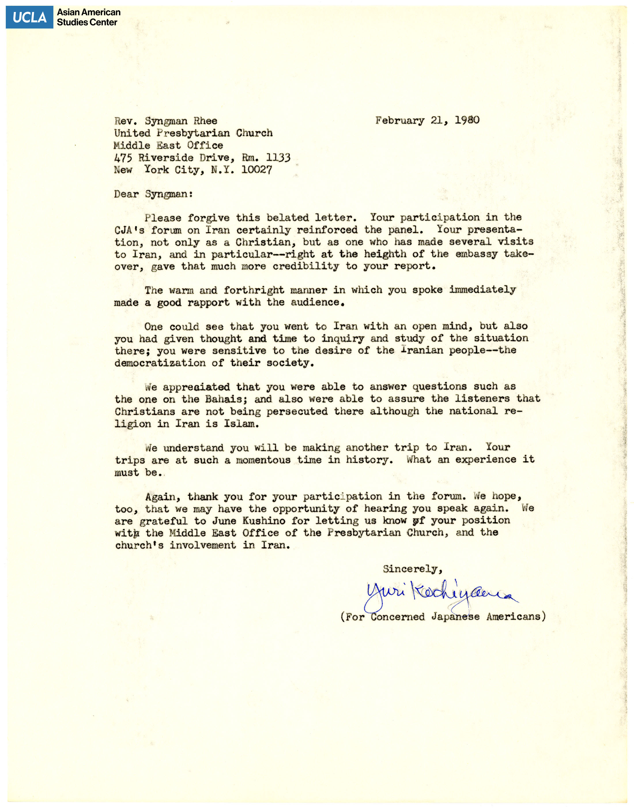 Letter regarding participation in the Concerned Japanese Americans forum on Iran.