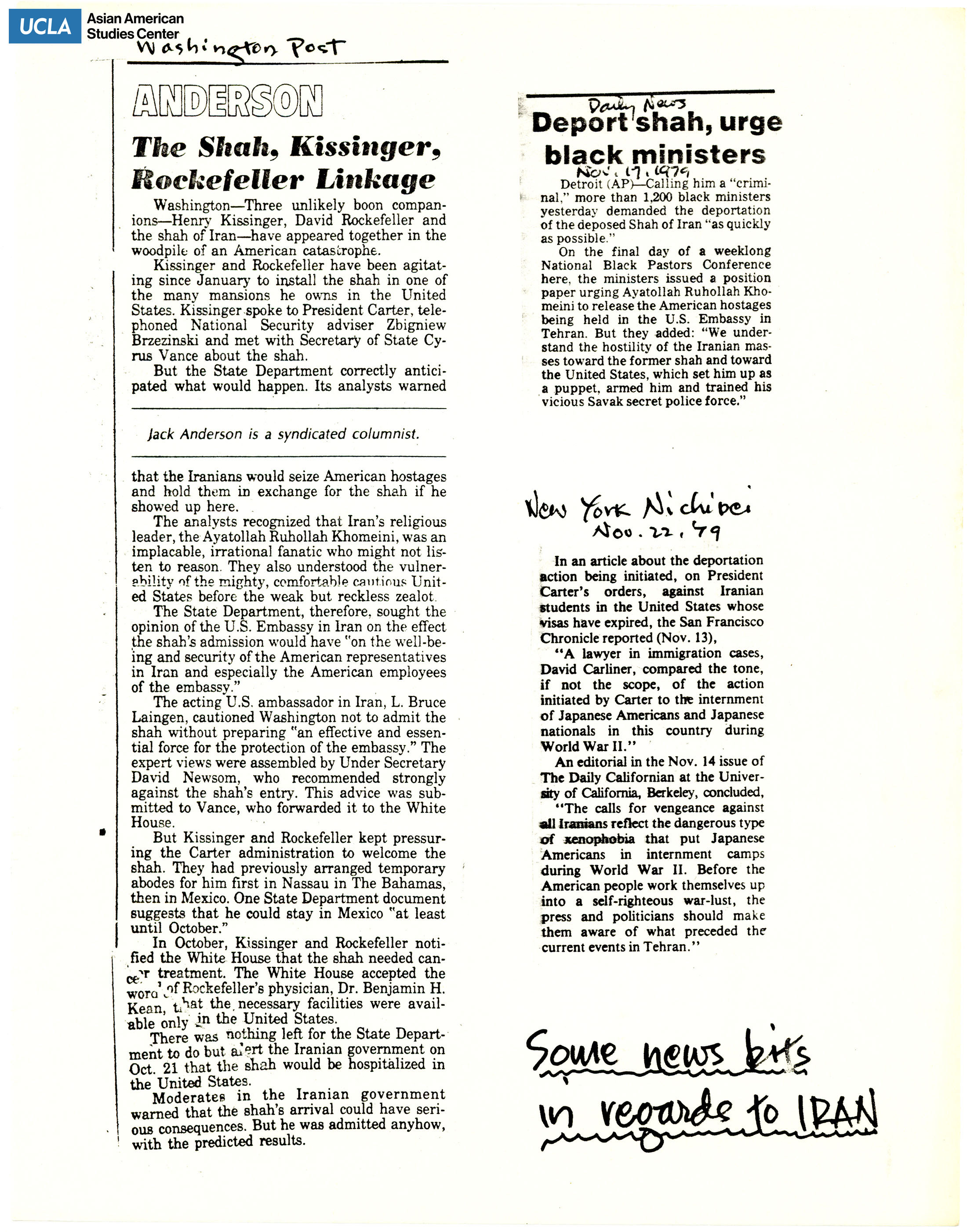 Various newspaper clippings regarding to Iran current events.