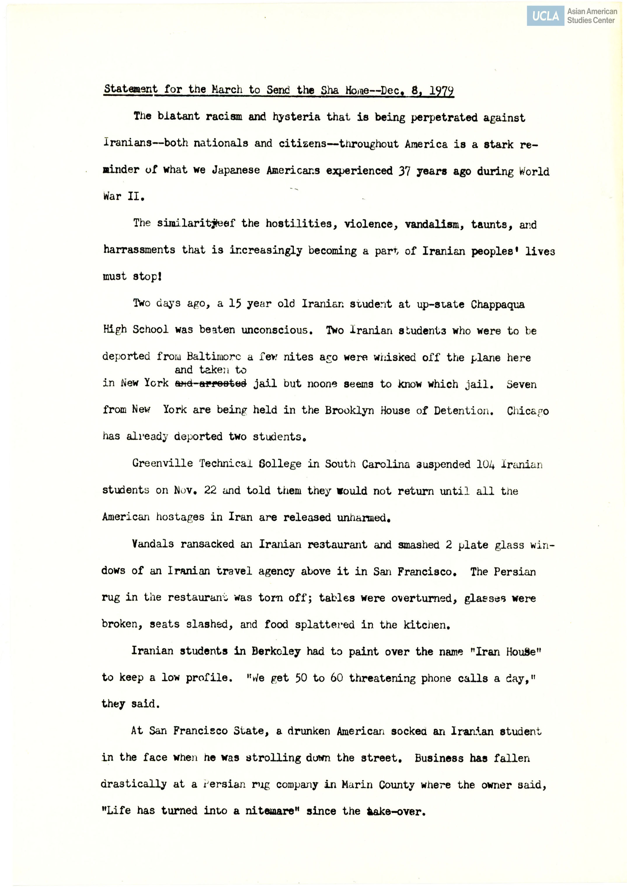 Statement regarding similarities to the mistreatment of Iranian people and Japanese Americans in the United States.