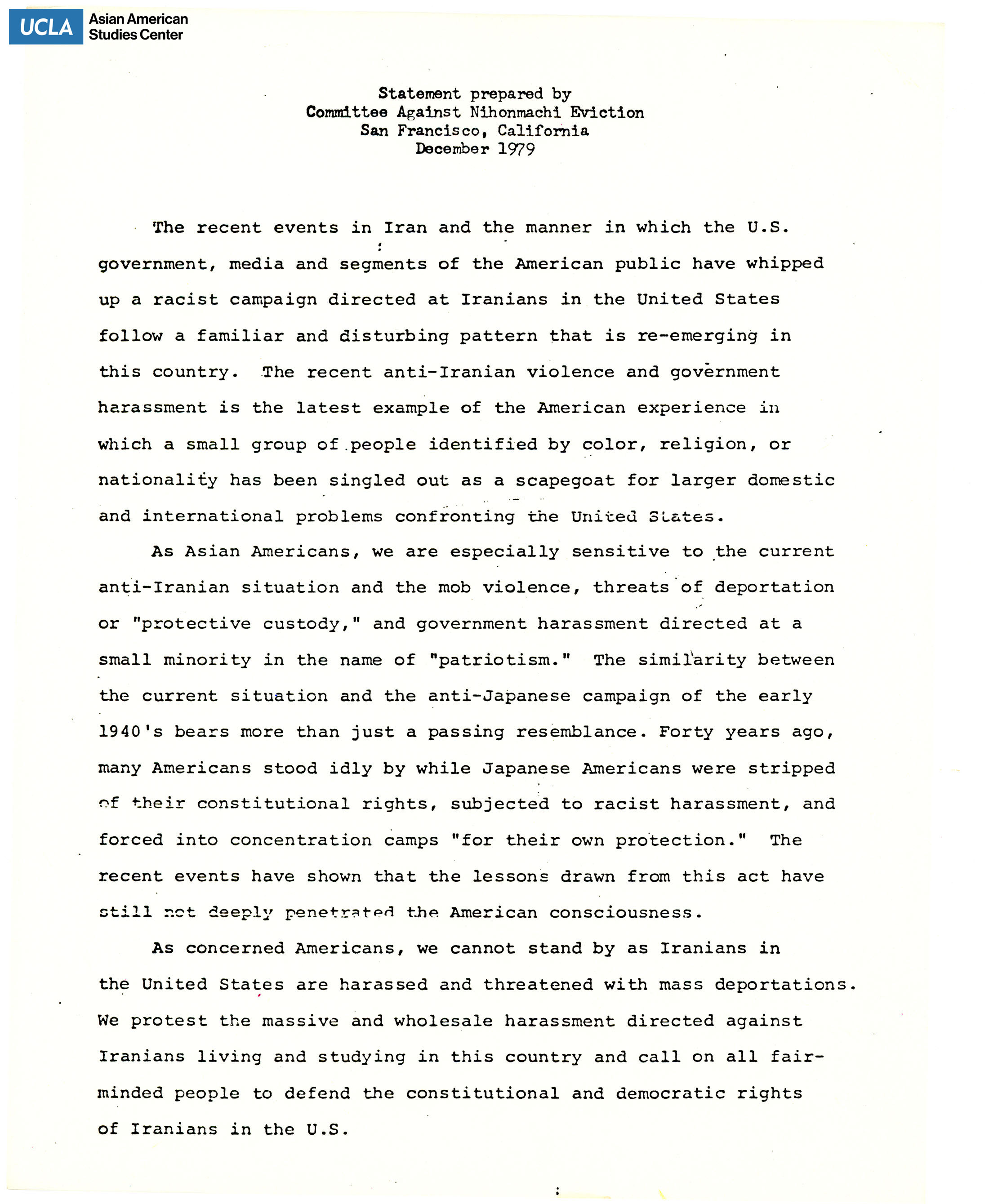 Statement regarding suuport for Iranian people by racial discrimination.