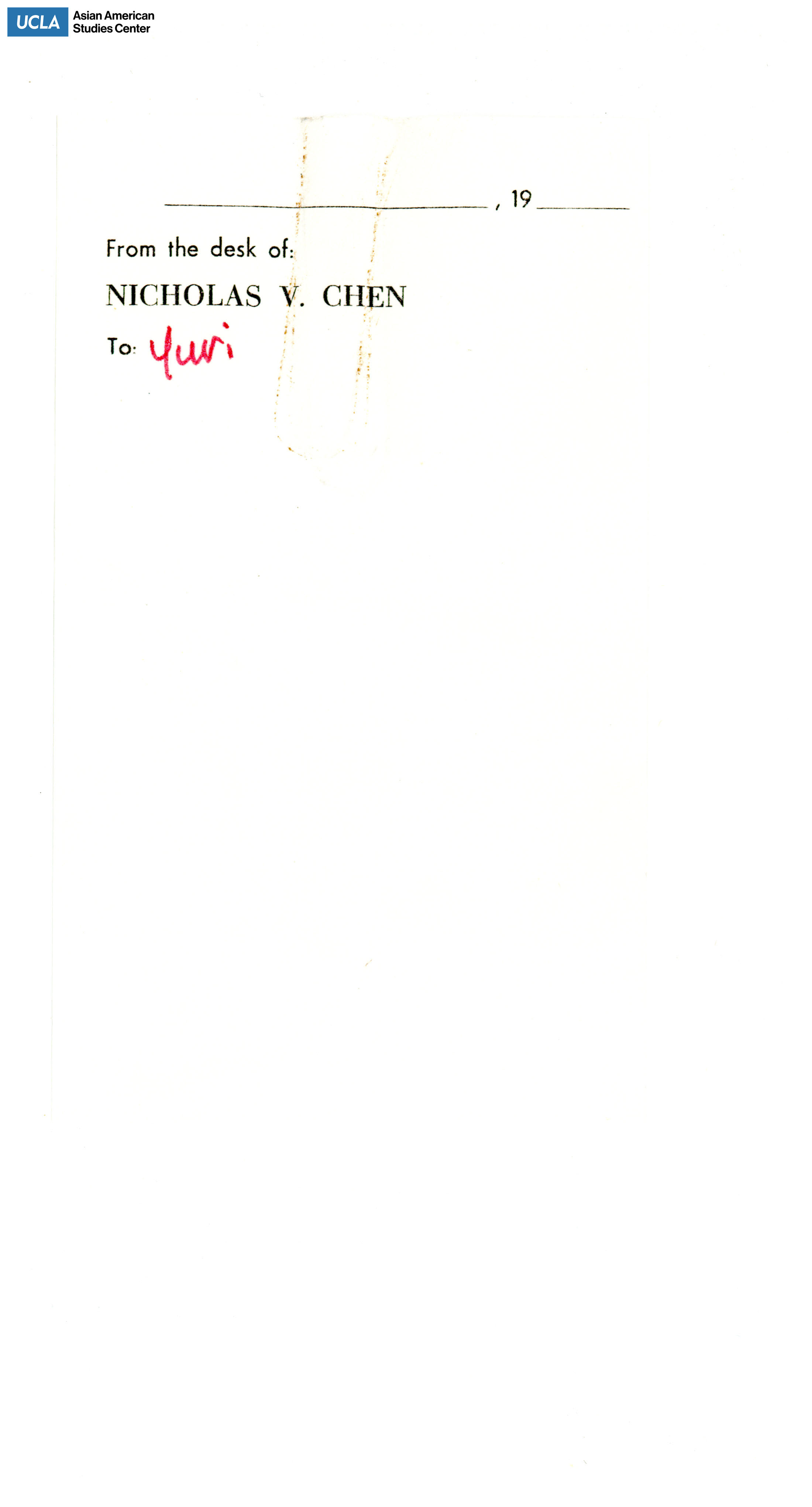 Cover sheet from Nicholas V. Chen to Yuri Kochiyama.