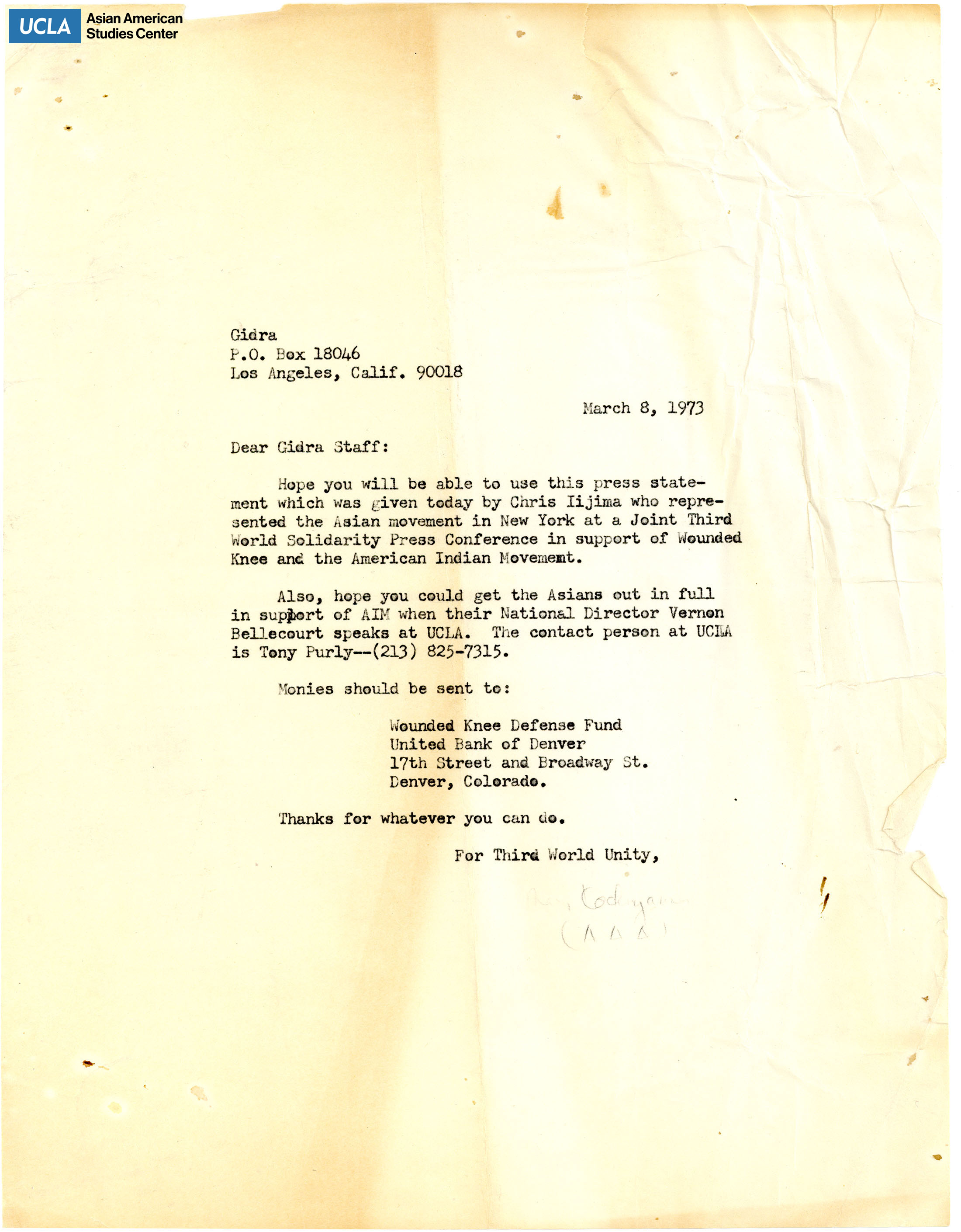 Letter regarding the press release on the Wounded Knee Defense Fund.