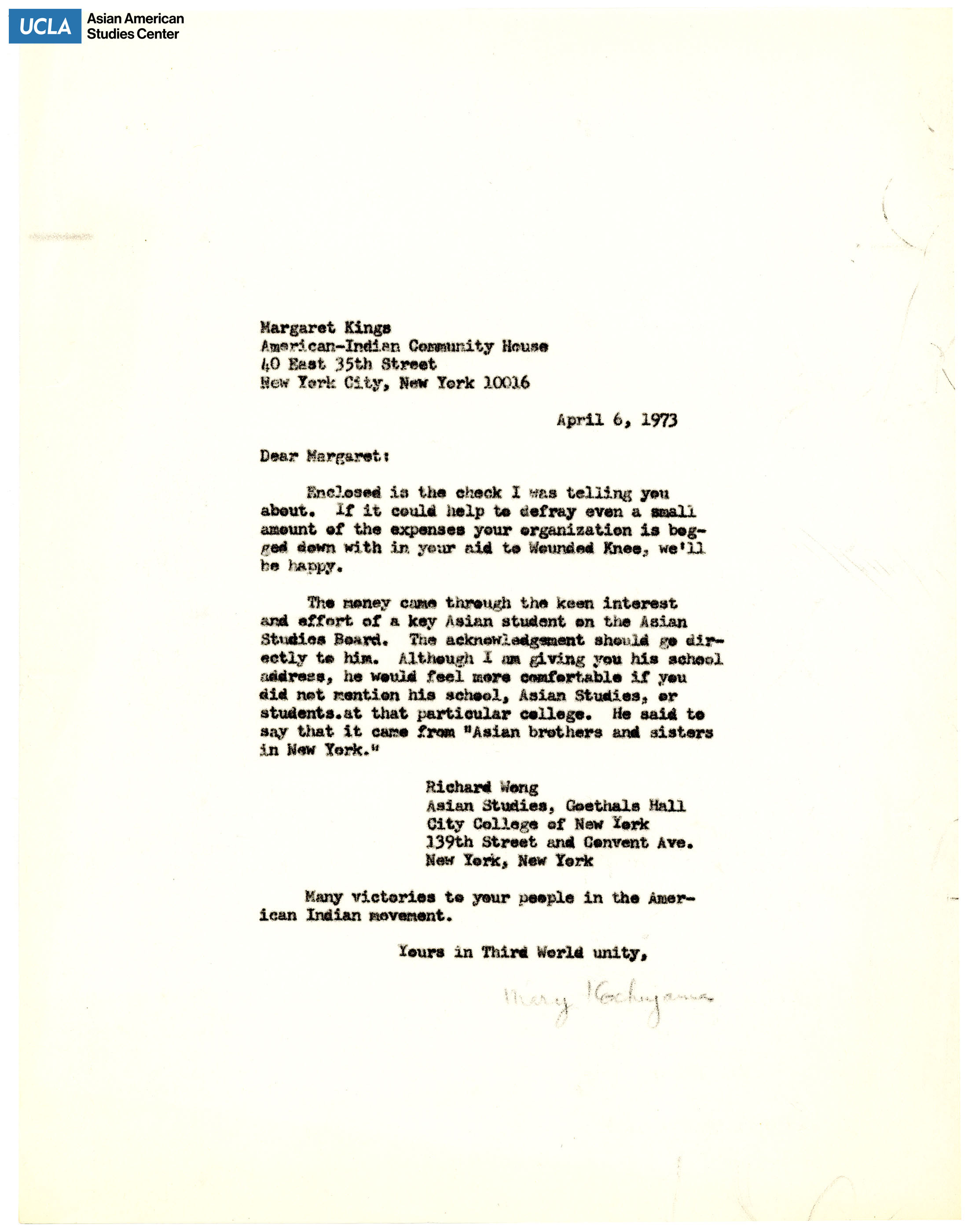 Yuri Kochiyama includes donation to the Wounded Knee Aid. The Wounded Knee Massacre was the conflict between the Lakota Indians and the United States Army troops, which ended with the massare of apporimately 300 Lakota men, women, and children.