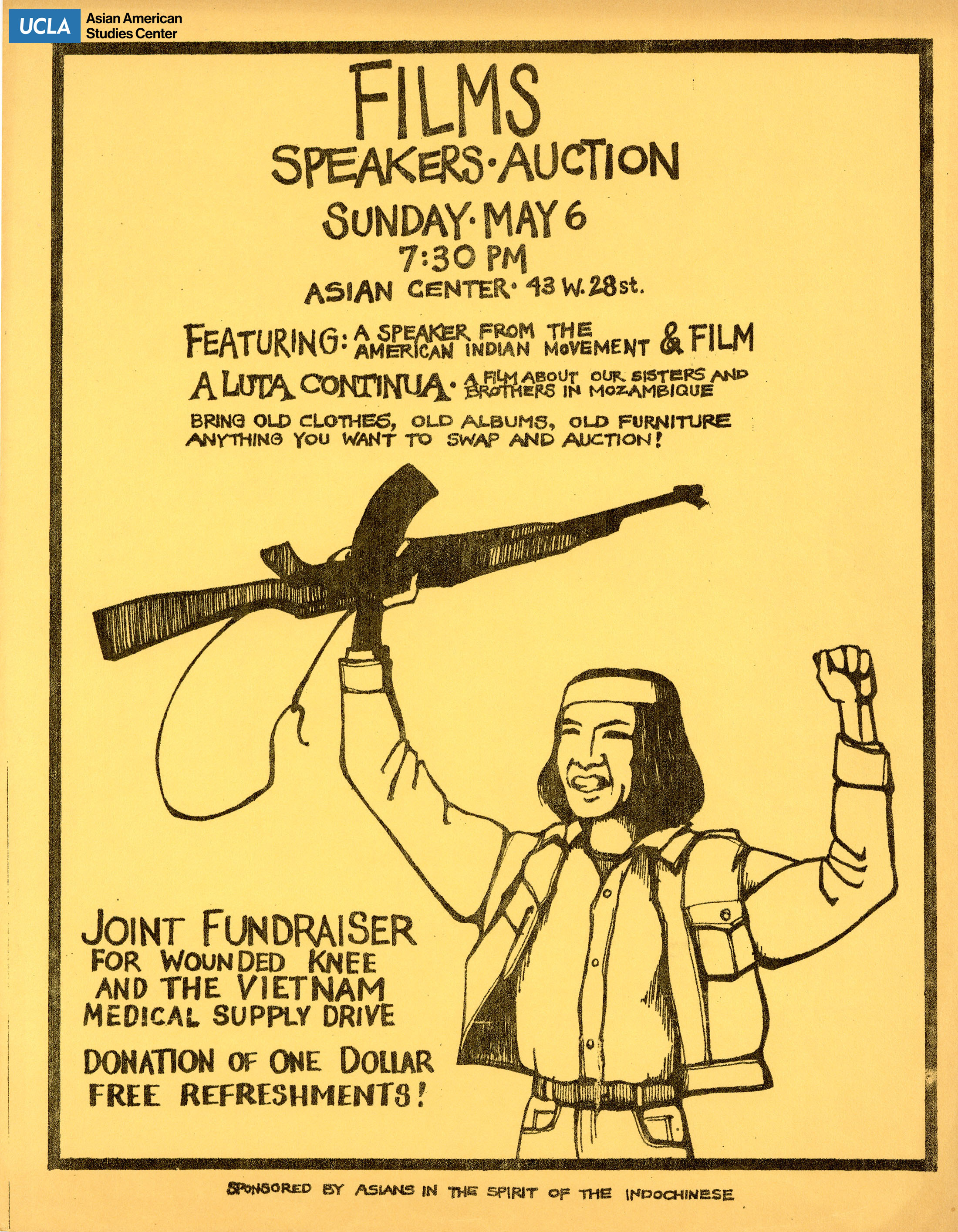 Flyer regarding a fundraisher in support of Wounded Knee with speakers.