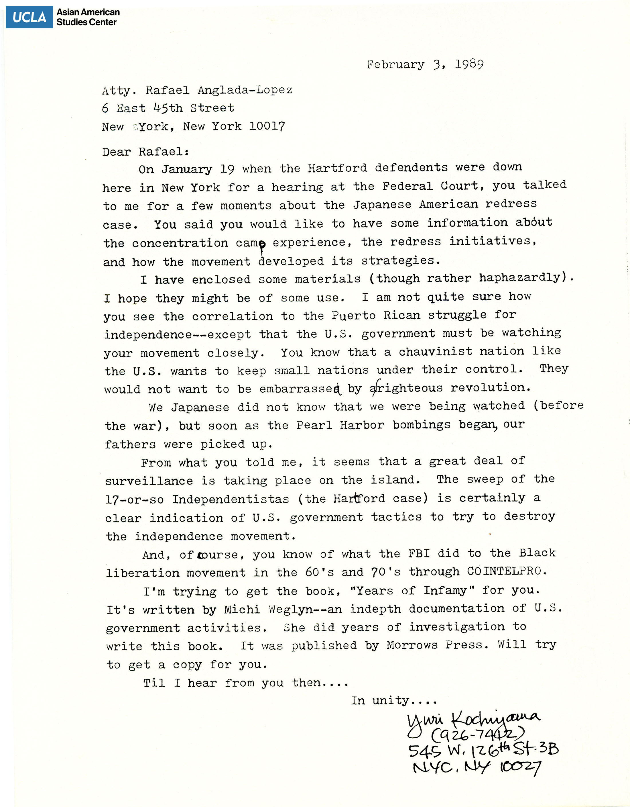 Letter regarding providing testimony in Japanese American redress.