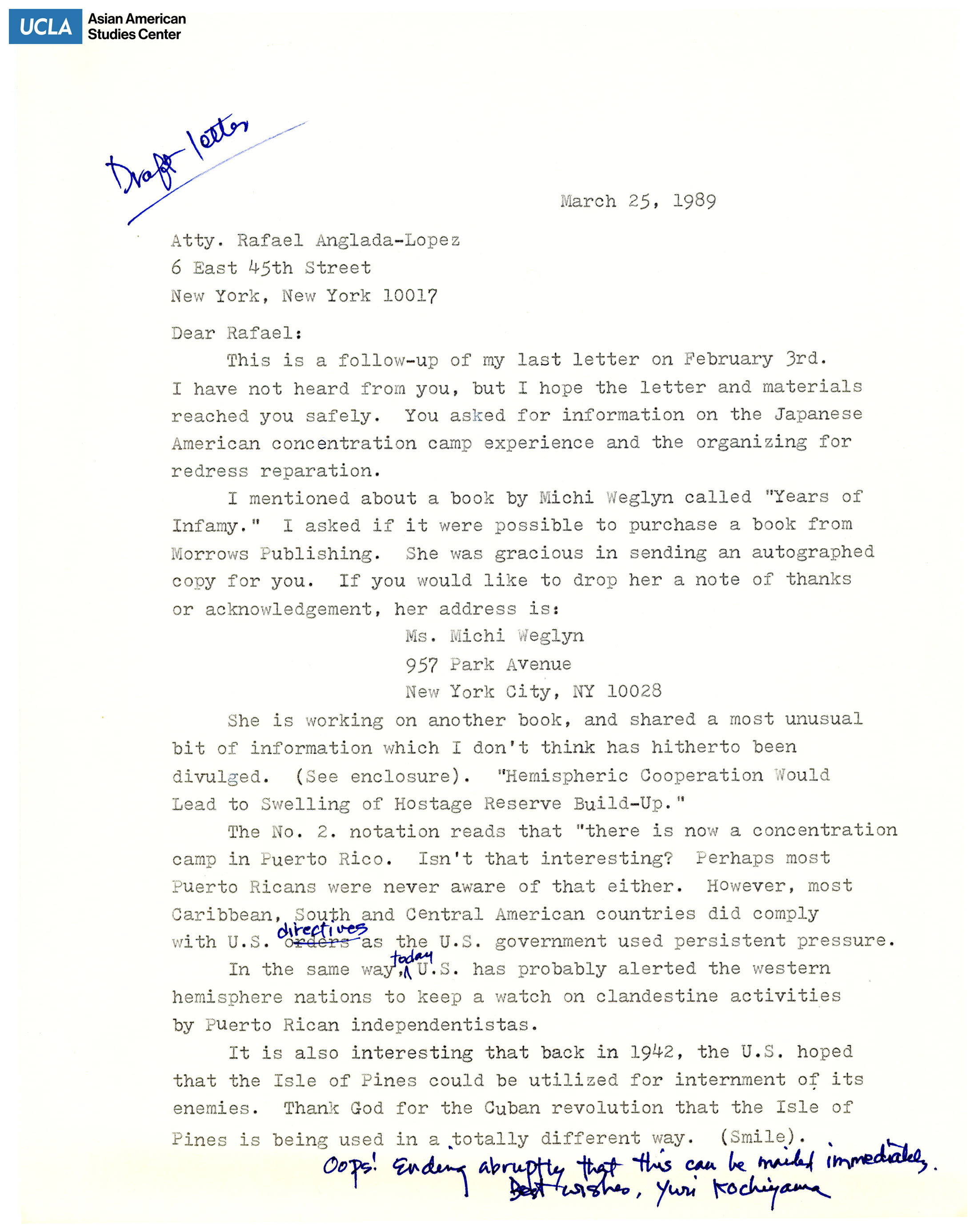 Follow-up letter regarding providing testimony in Japanese American redress.
