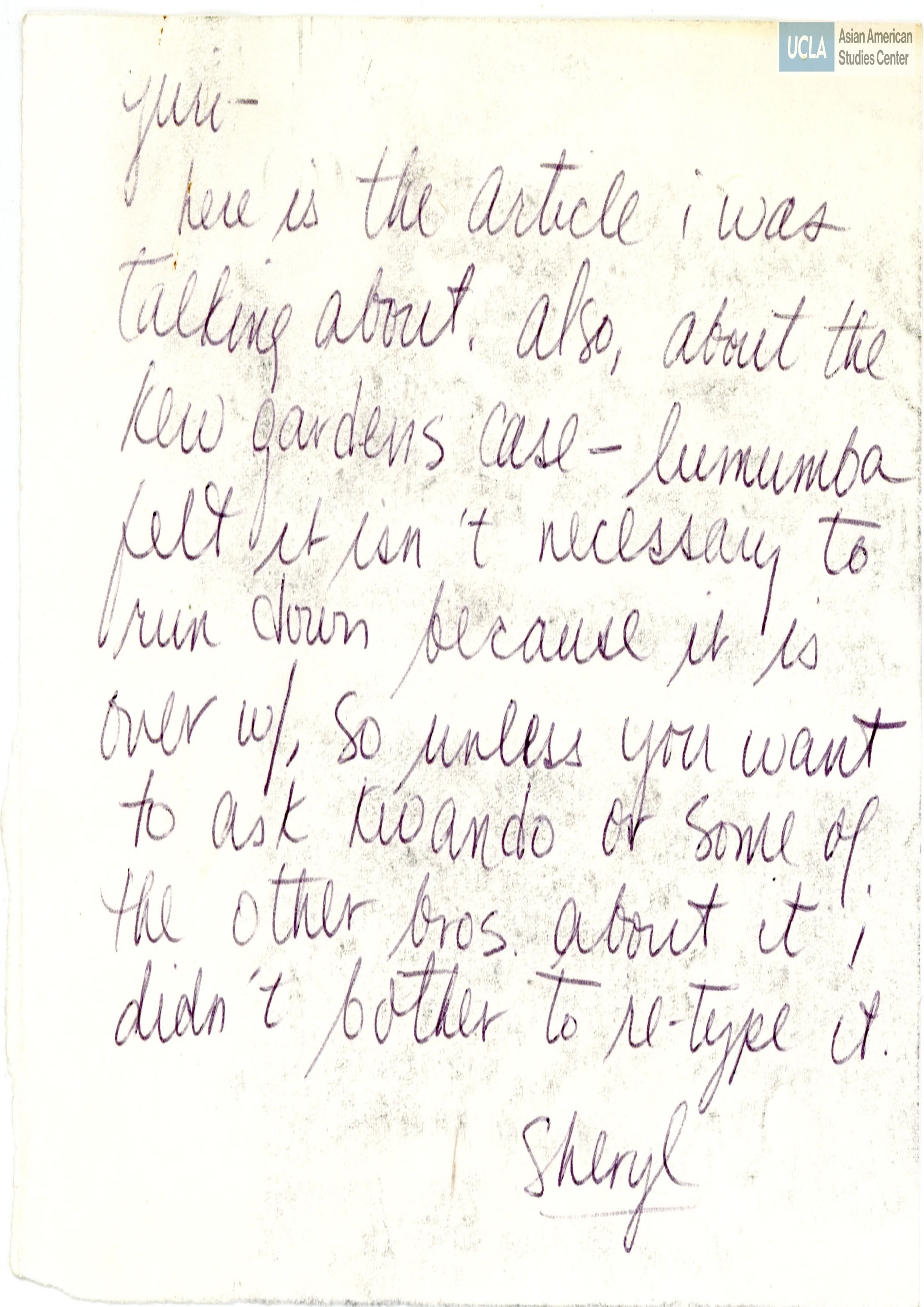 Letter addressed to Yuri Kochiyama on included article.