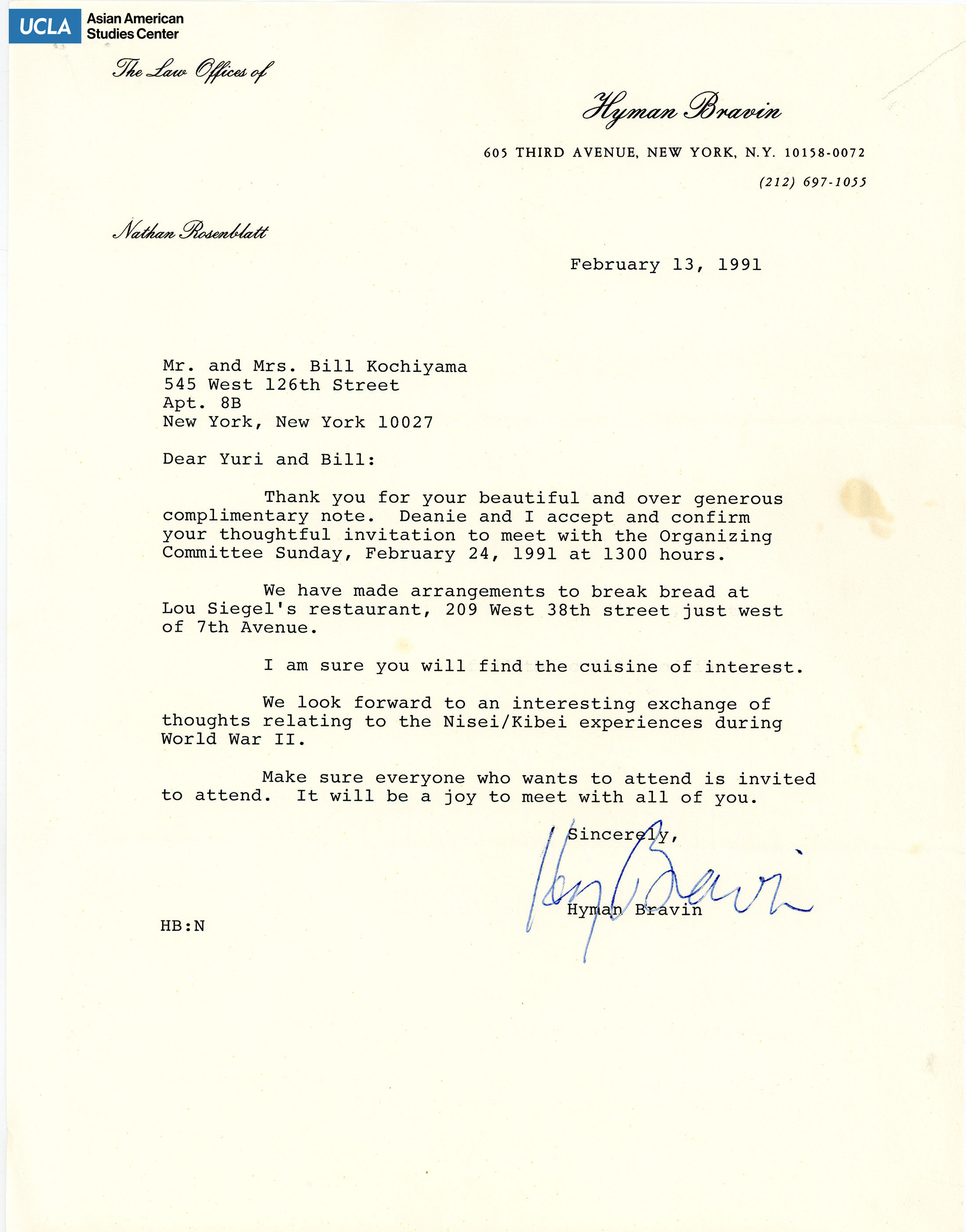 Letter addressed to Bill and Yuri Kochiyama regarding accepting an invitation to the Organizing Committee. Hyman Bravin was a civil trial leader and was the chairman of the Bronx Liberal Party. Bravin was an advocate and defender of the No-no boys during World War II.