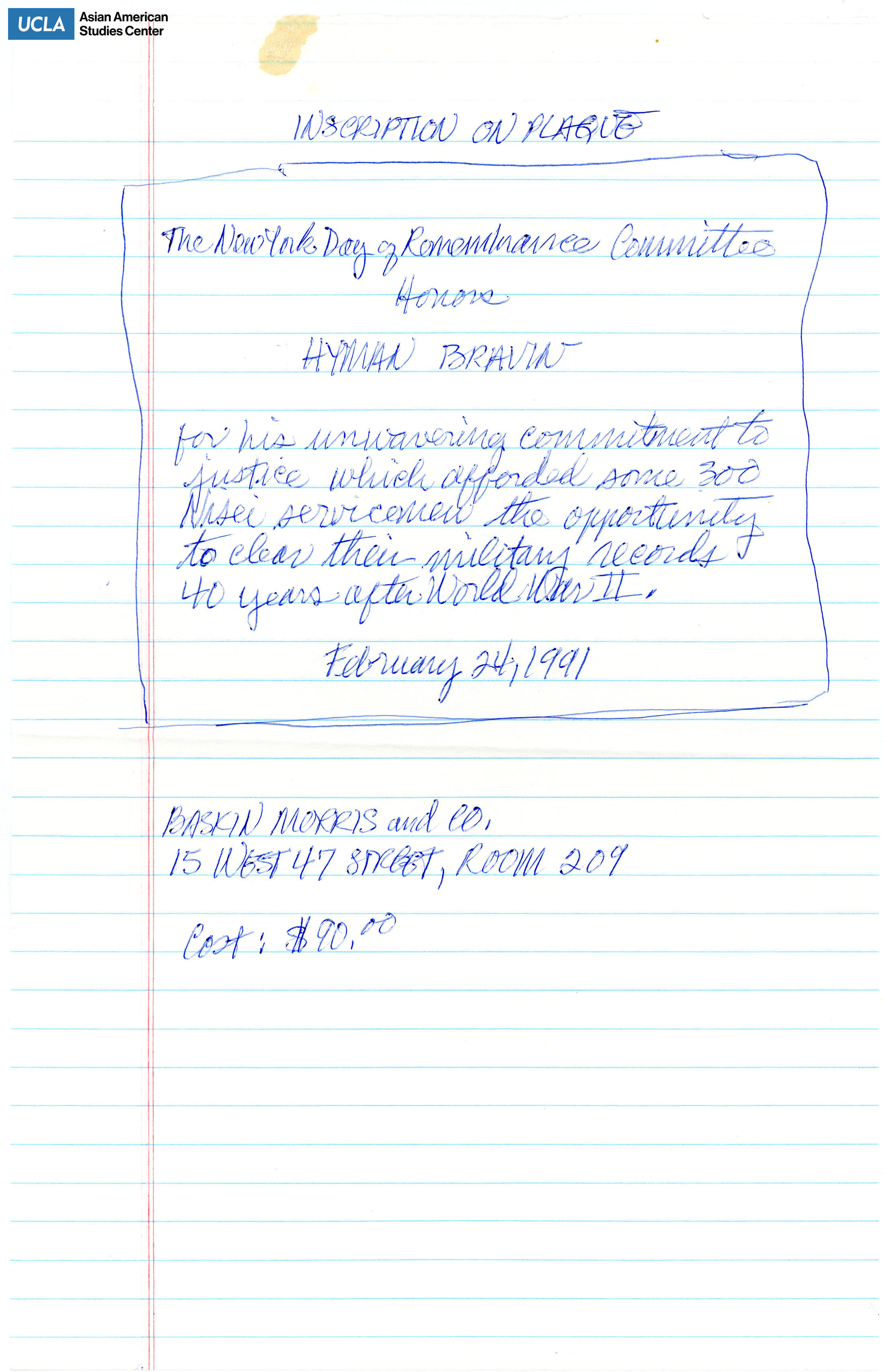 Notes regarding the New York Day of Remembrance Committee honoring Hyman Bravin.