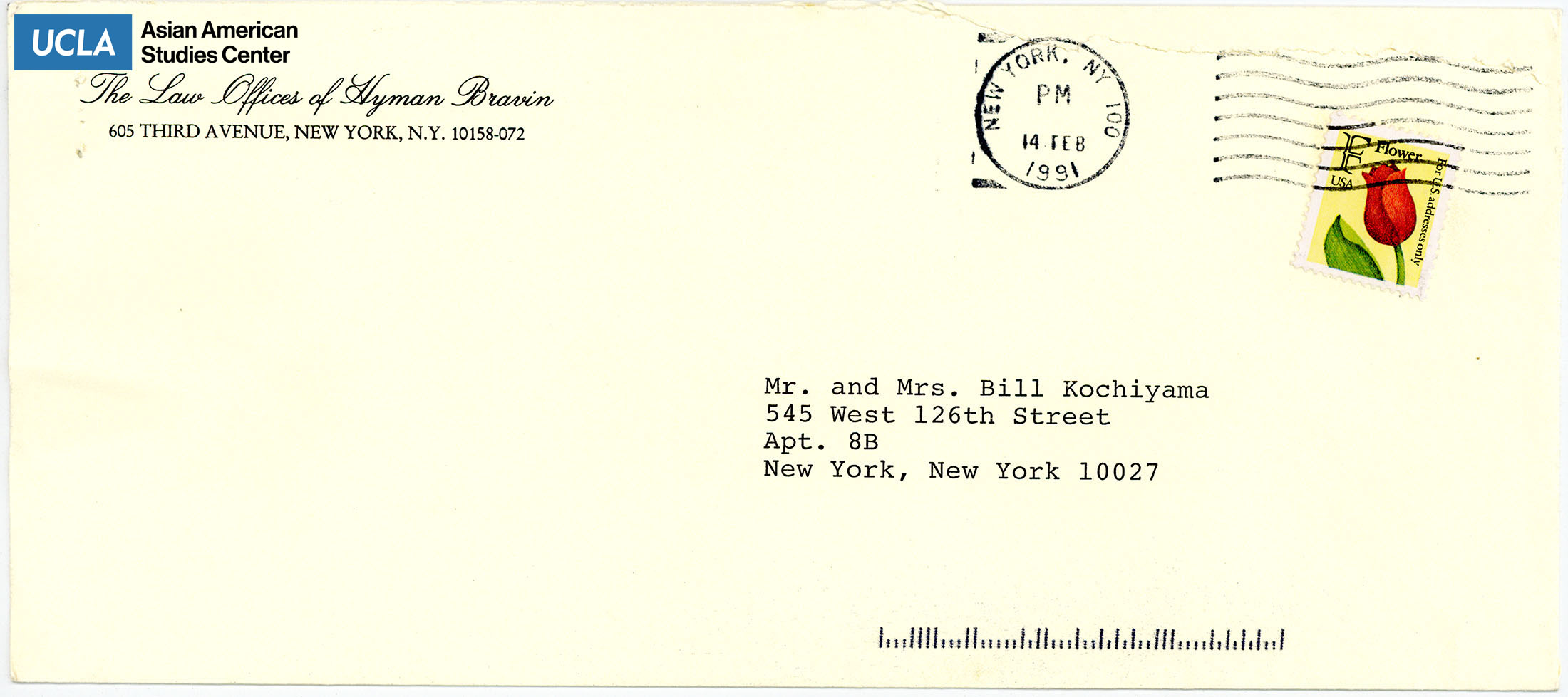 Envelope addressed to Bill and Yuri Kochiyama. Postmarked on February 14, 1991.