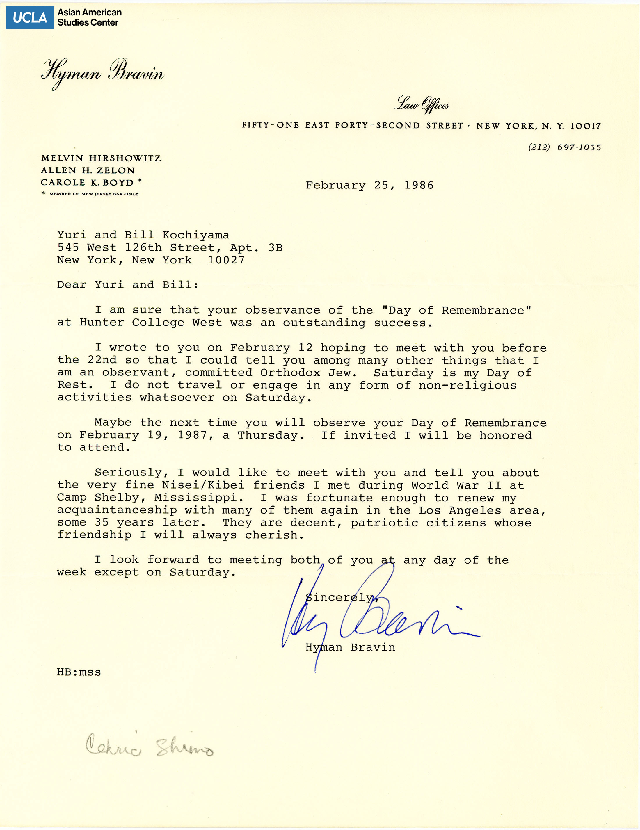Letter regarding not attending the observance of Day of Remembrance.