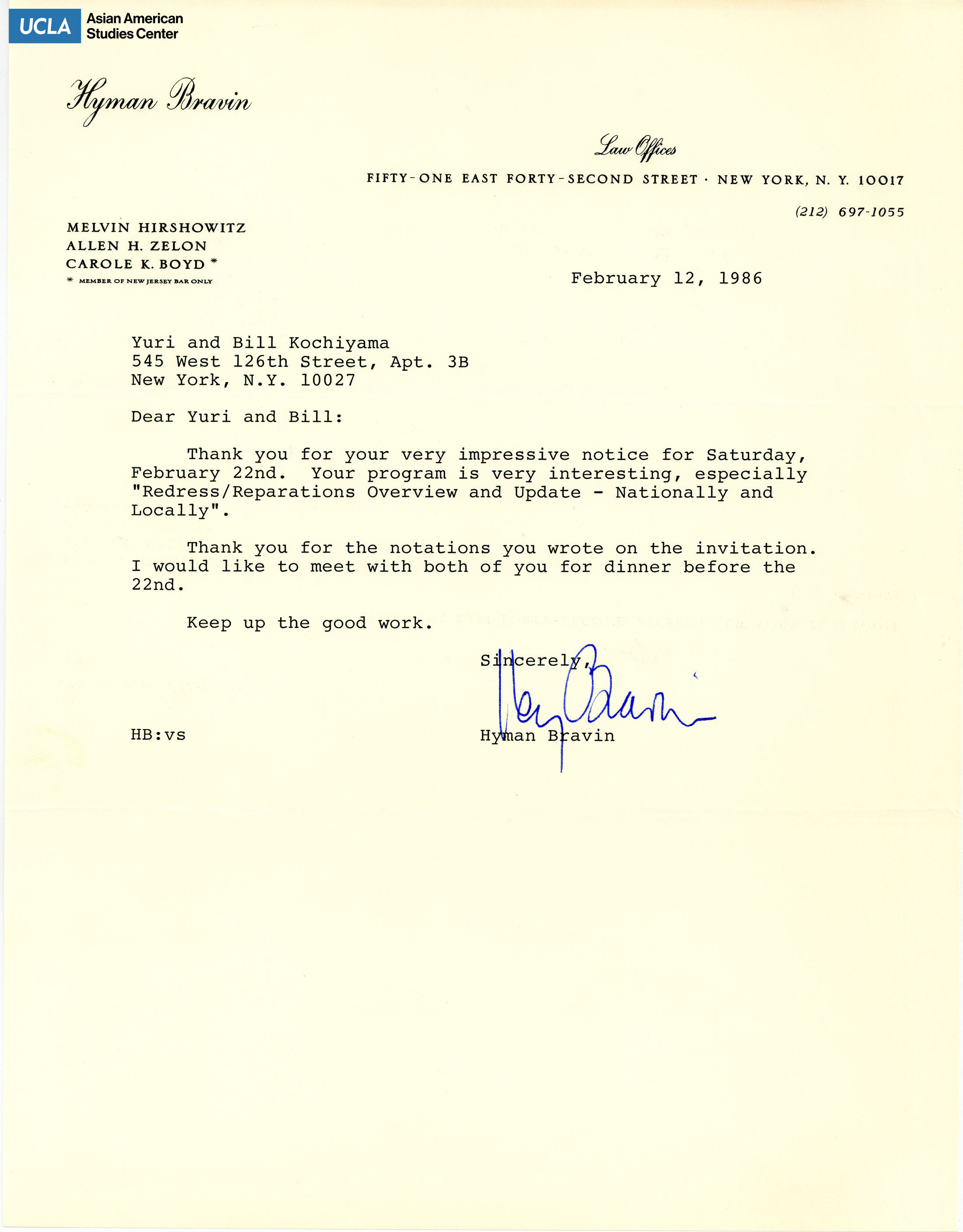 Letter regarding notice on program of redress and reparations.