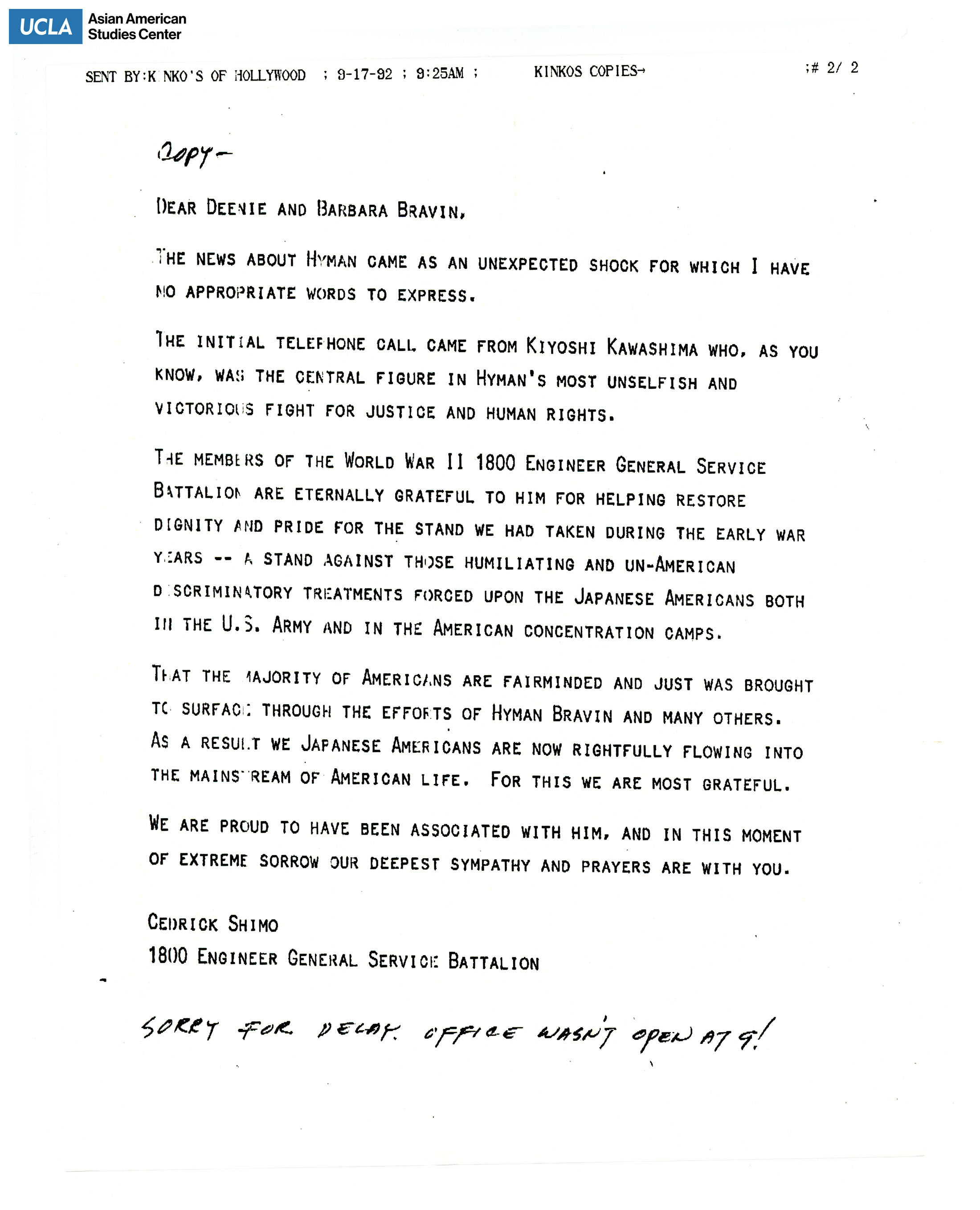 Letter regarding condolences on th passing of Hyman Bravin.