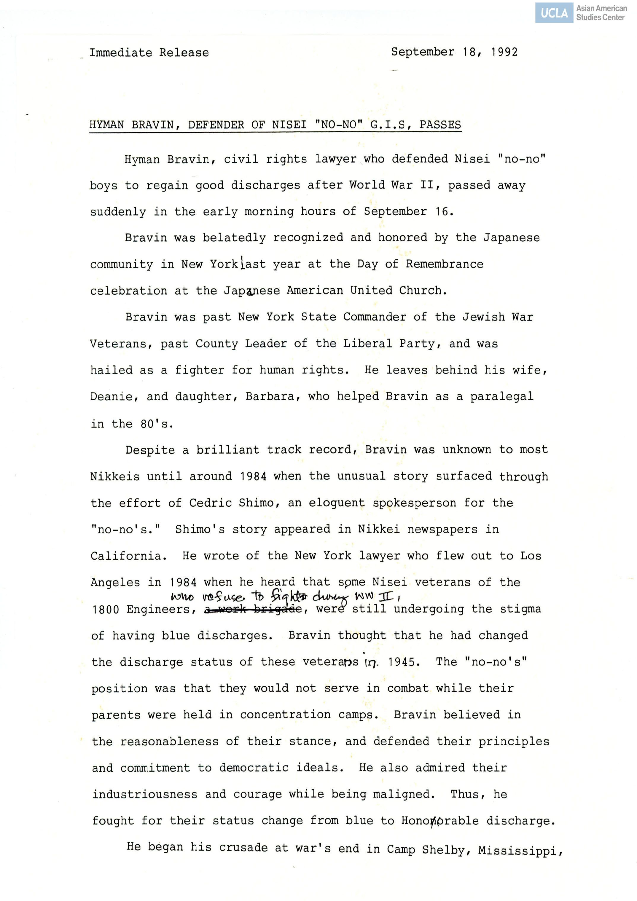 Press release from the 1800 Engineer Geneal Service Battalion regarding the passing of Hyman Bravin.