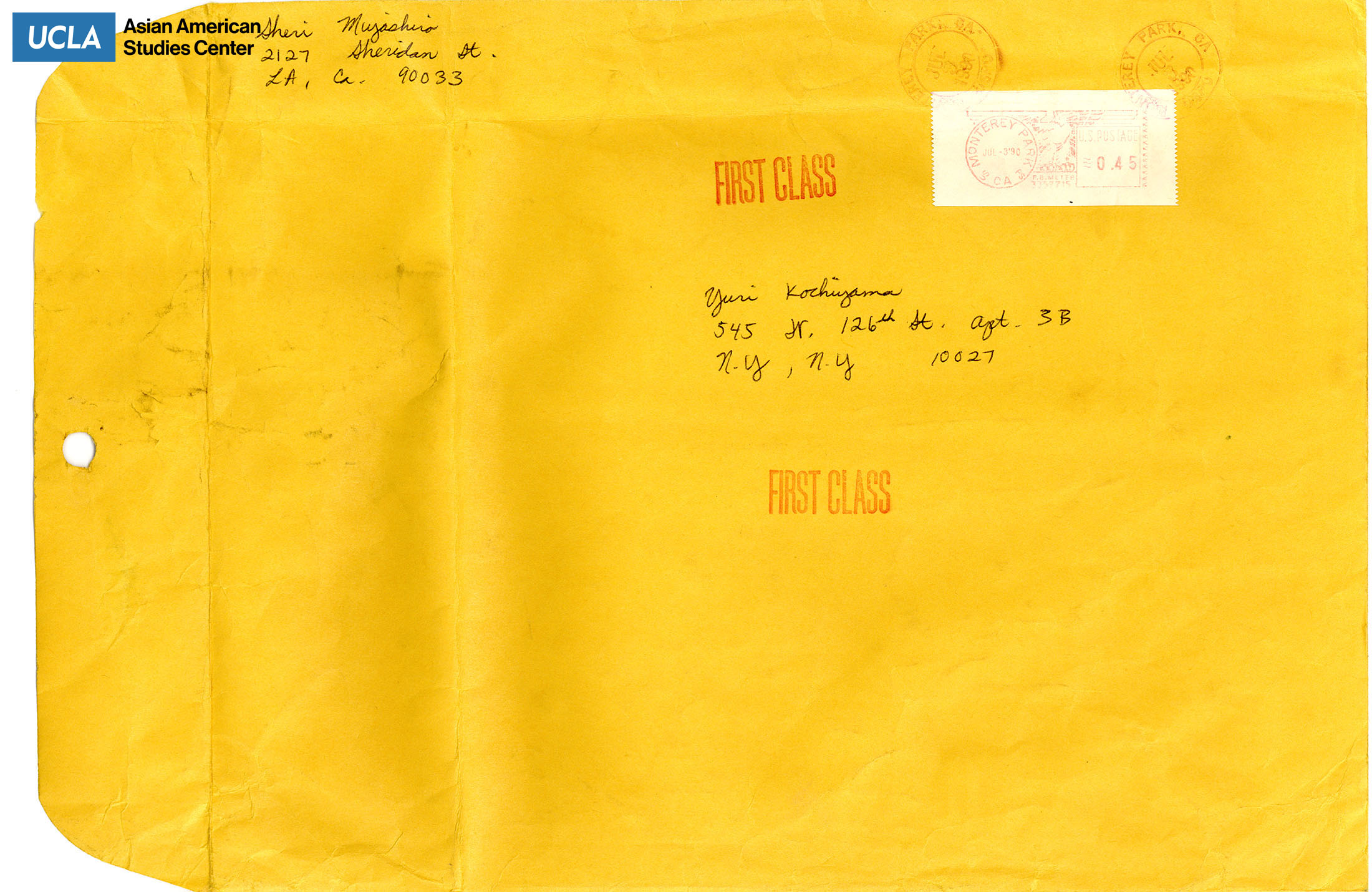 Envelope addressed to Yuri Kochiyam from Sheri Muyashiro. Postmarked on July 3, 1990.