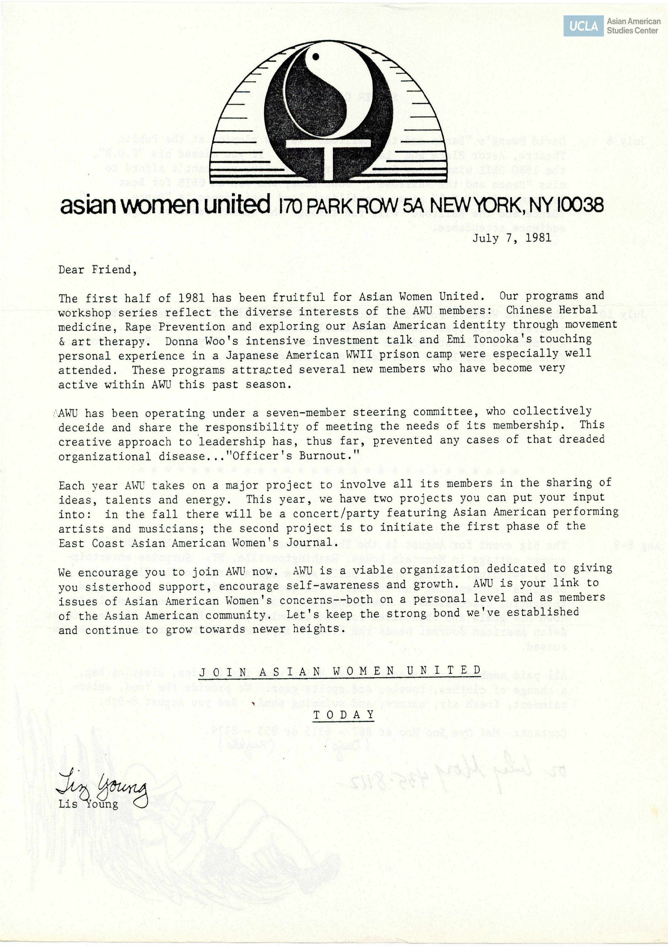 Letter regarding the first year of Asian Women United and the summer calendar.