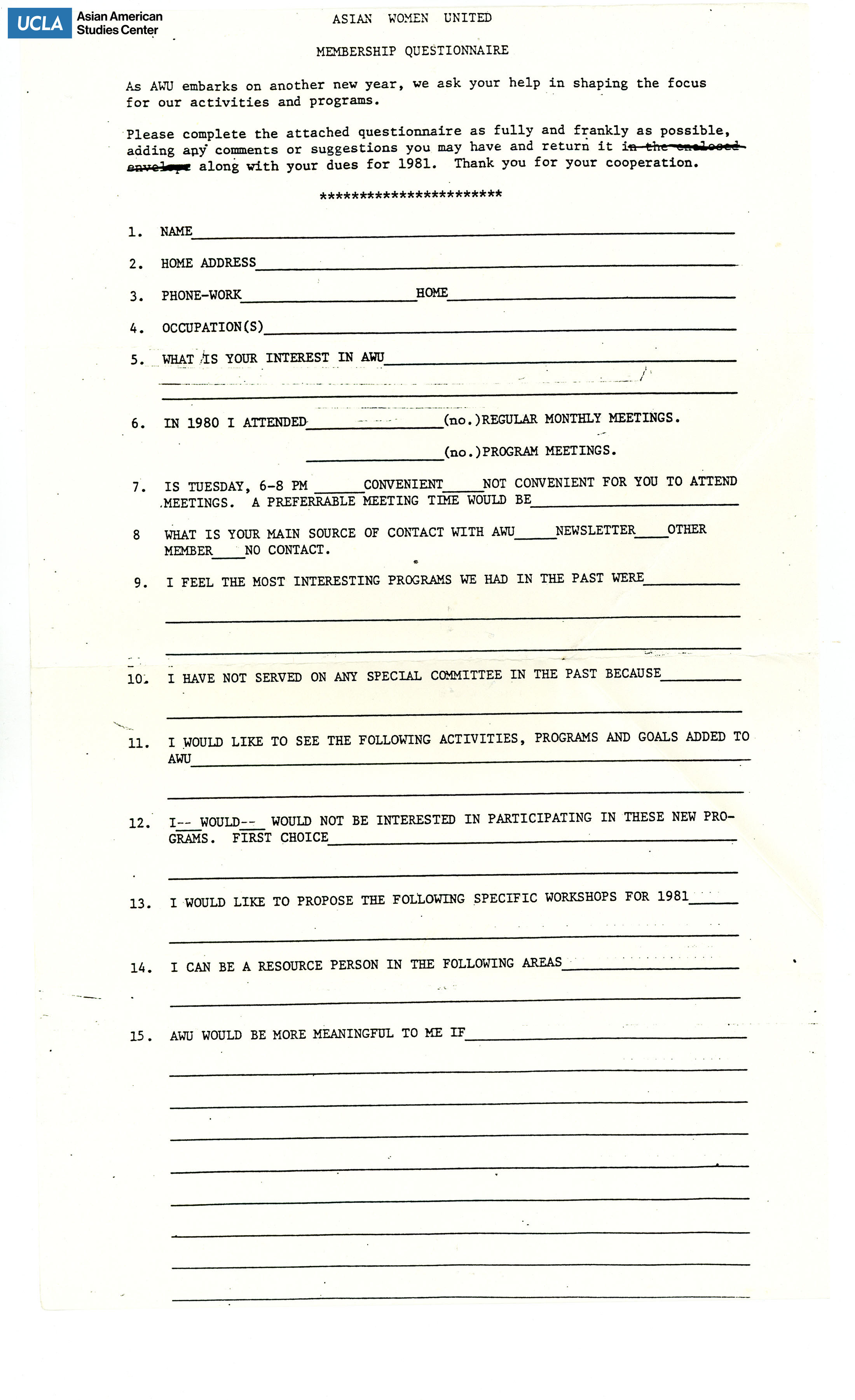 Membership questionnaire and request to pay membership dues.