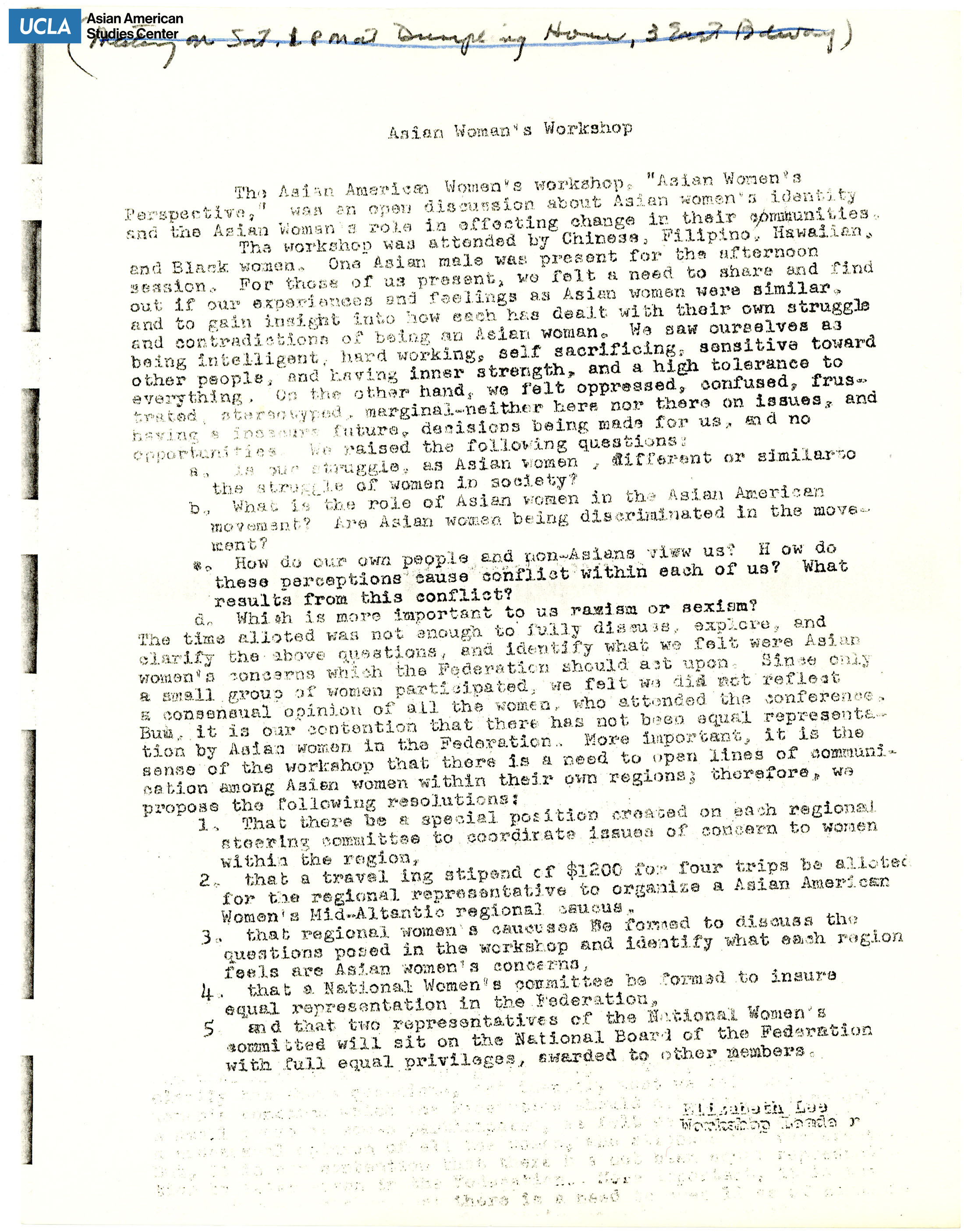 Document regarding a workshop regarding a Asian women's perspective.
