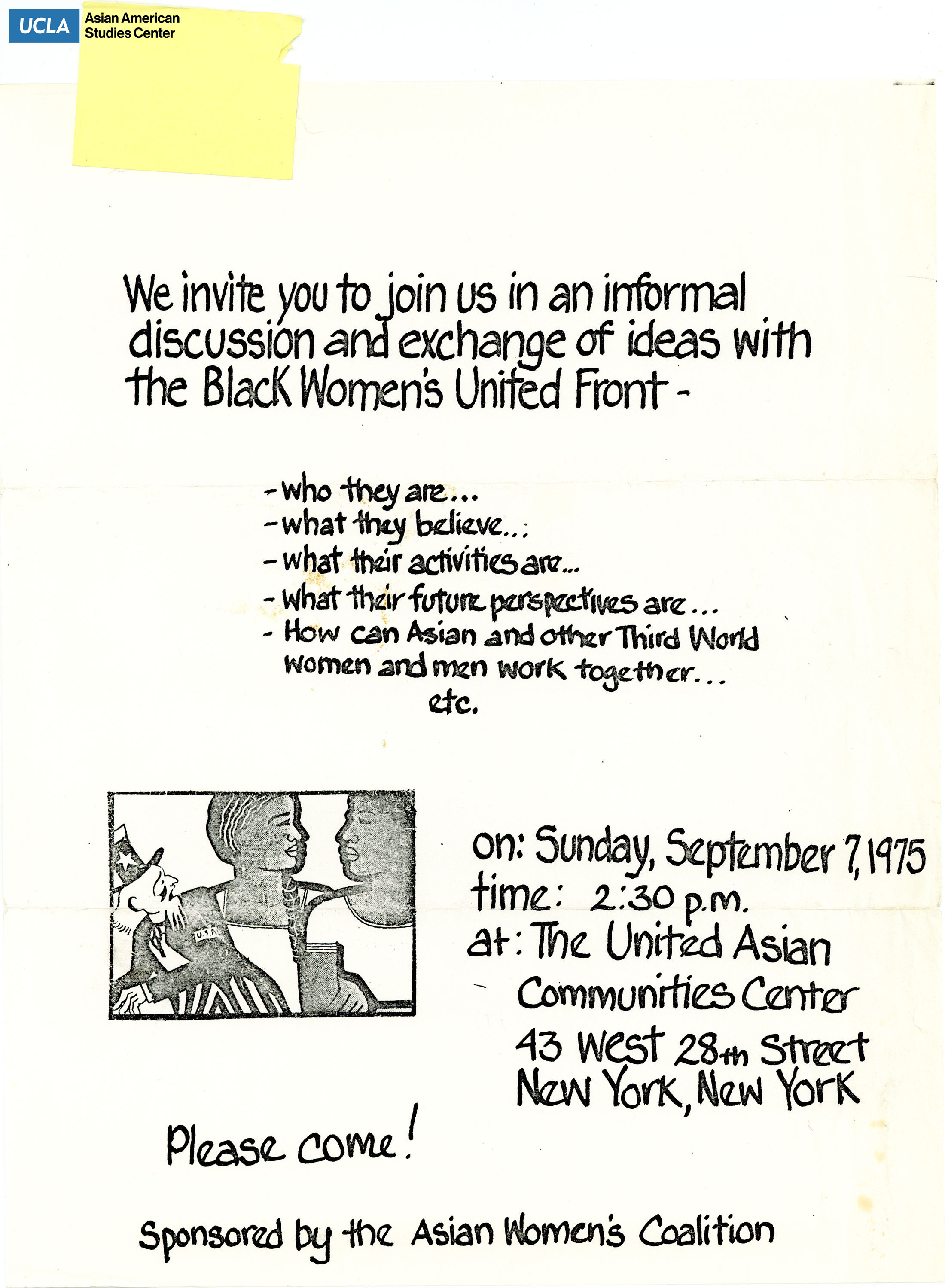 Flyer regarding an invitation to a discussion with the Black Women's United Front.