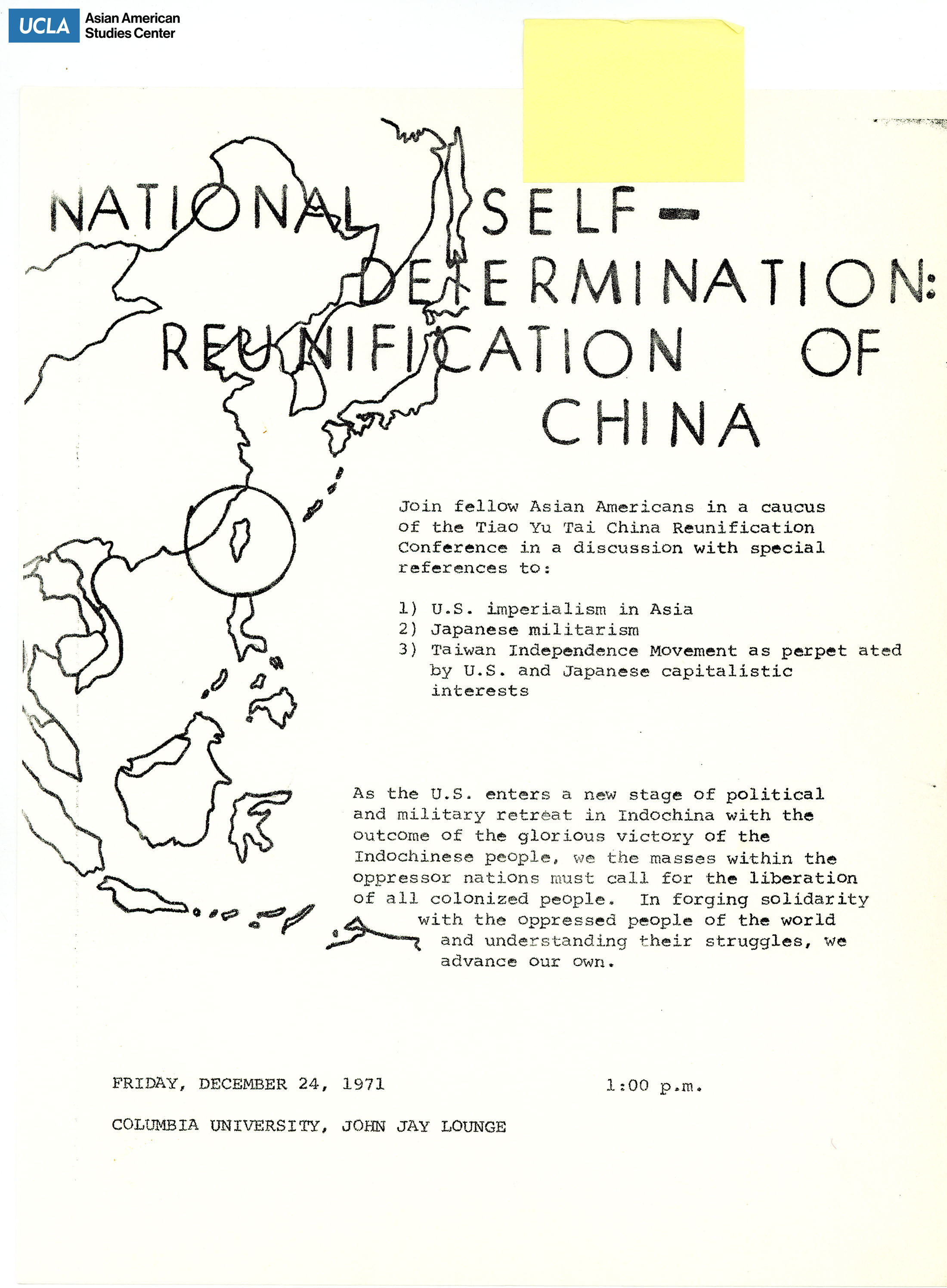 Flyer regarding the Tiao Yu Tai China Reuification Conference.